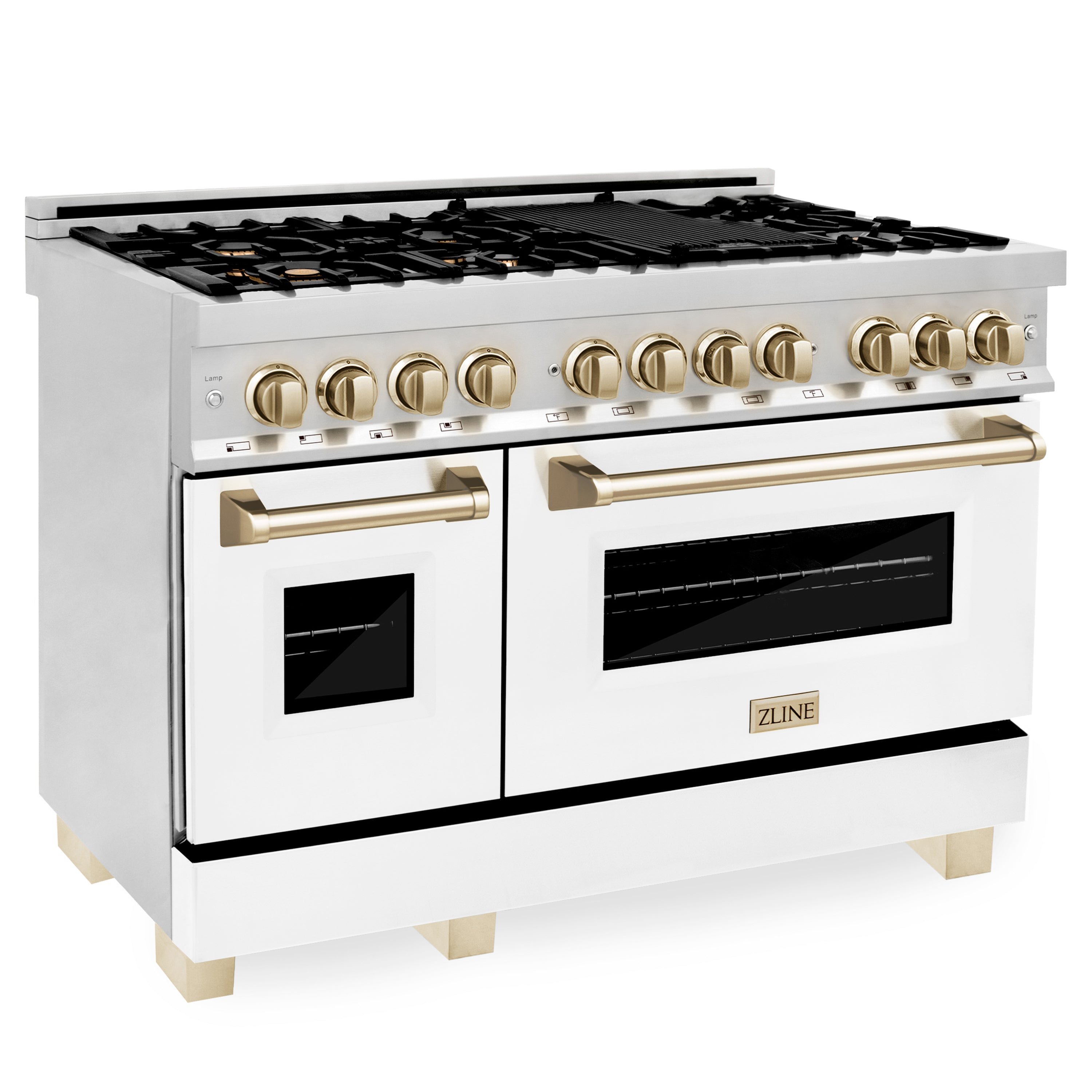 ZLINE Autograph Edition 48 in. 6.0 cu. ft. Legacy Dual Fuel Range with 7 Burner Gas Cooktop and 2 Electric Ovens in Stainless Steel and Champagne Bronze Accents (RAZ-48-CB)