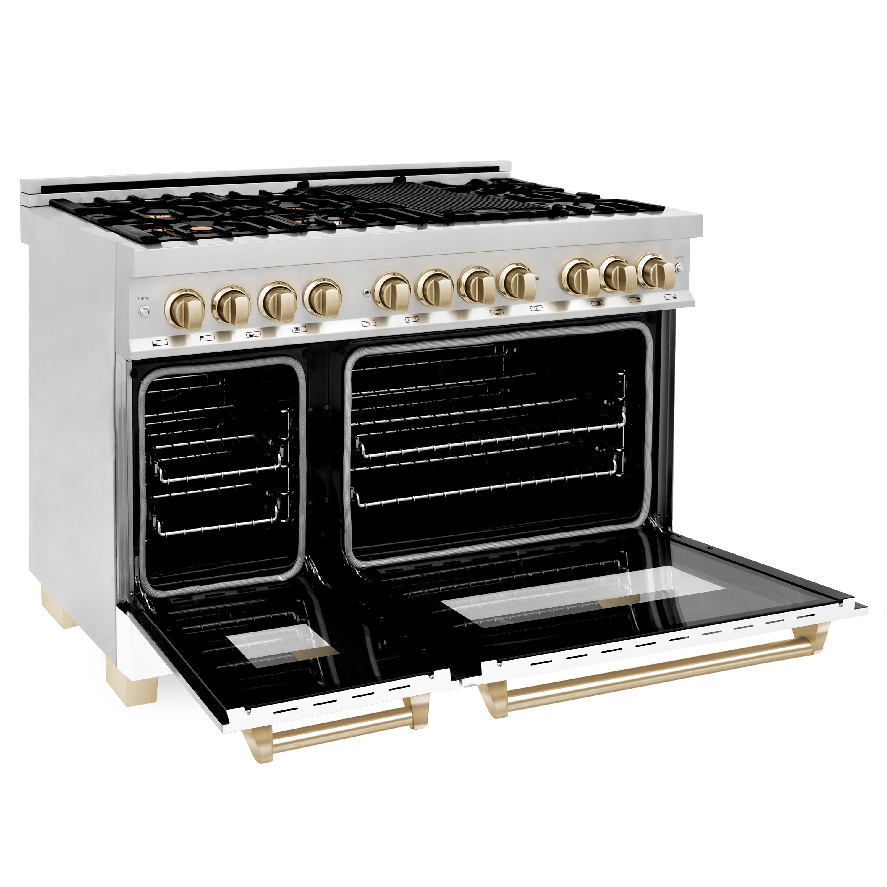 ZLINE Autograph Edition 48 in. 6.0 cu. ft. Legacy Dual Fuel Range with 7 Burner Gas Cooktop and 2 Electric Ovens in Stainless Steel and Champagne Bronze Accents (RAZ-48-CB)