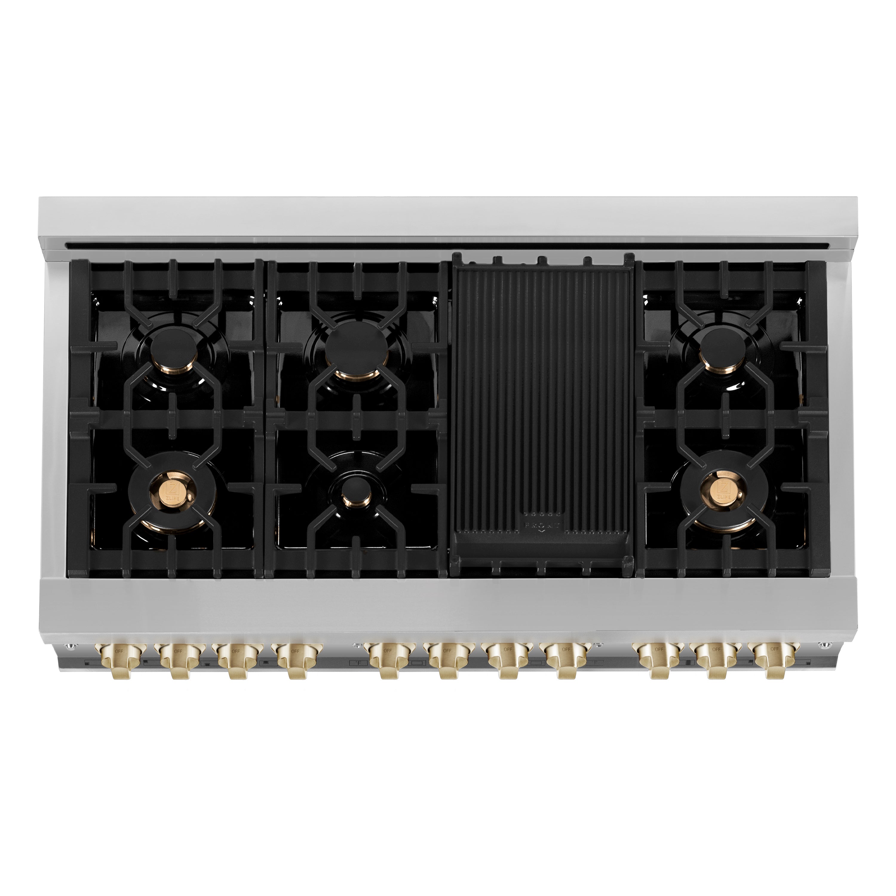 ZLINE Autograph Edition 48 in. 6.0 cu. ft. Legacy Dual Fuel Range with 7 Burner Gas Cooktop and 2 Electric Ovens in Stainless Steel and Champagne Bronze Accents (RAZ-48-CB)