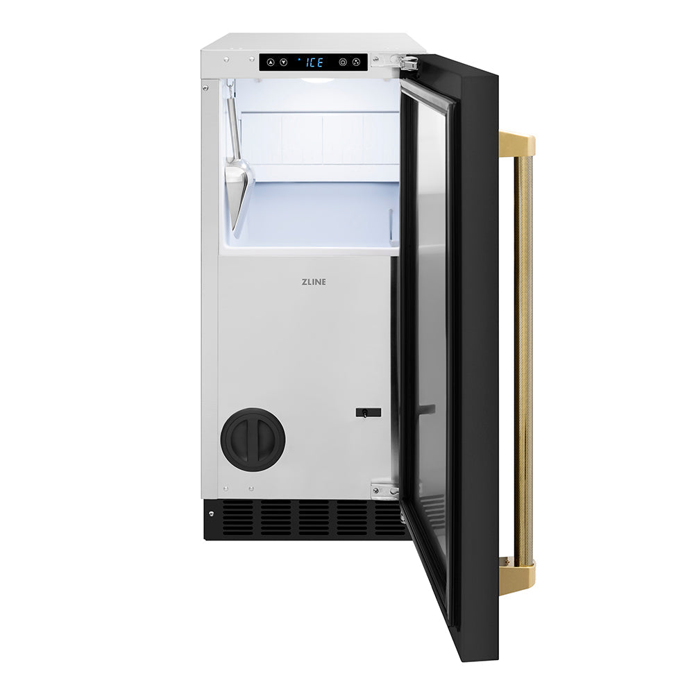ZLINE Autograph Edition 15 in. Touchstone Gourmet Ice Maker with Drain Pump and Black Stainless Steel Door with Polished Gold Helix Handle (IGMDZ-BS-15-KG)