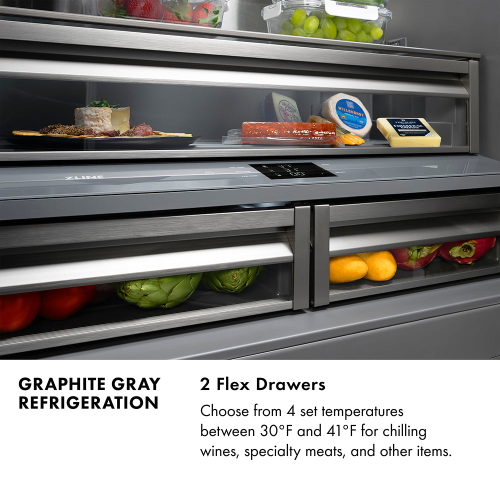 ZLINE Autograph Edition 36 in. 19.6 cu. ft. French Door Built-In Bottom Freezer Refrigerator with Water Dispenser and Ice Maker in Stainless Steel with Graphite Gray Interior and Polished Nickel Helix Handles (GRBIVZ-30436KPN)