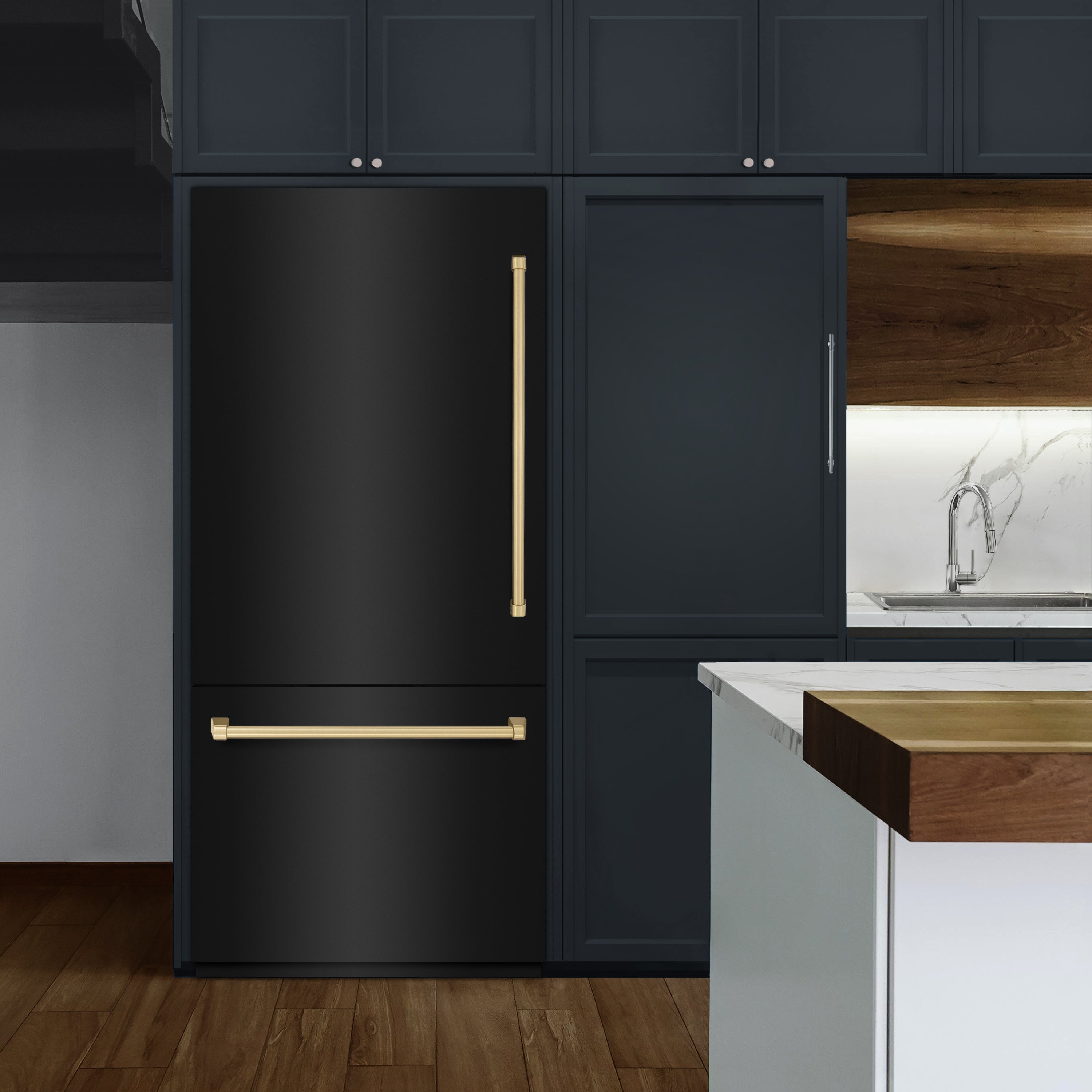 ZLINE Autograph Edition 36 in. 19.8 cu. ft. Built-In Bottom Freezer Refrigerator with Water Dispenser and Ice Maker in Black Stainless Steel with Graphite Gray Interior and Champagne Bronze Accents (GRBITZ-BS-36-CB)