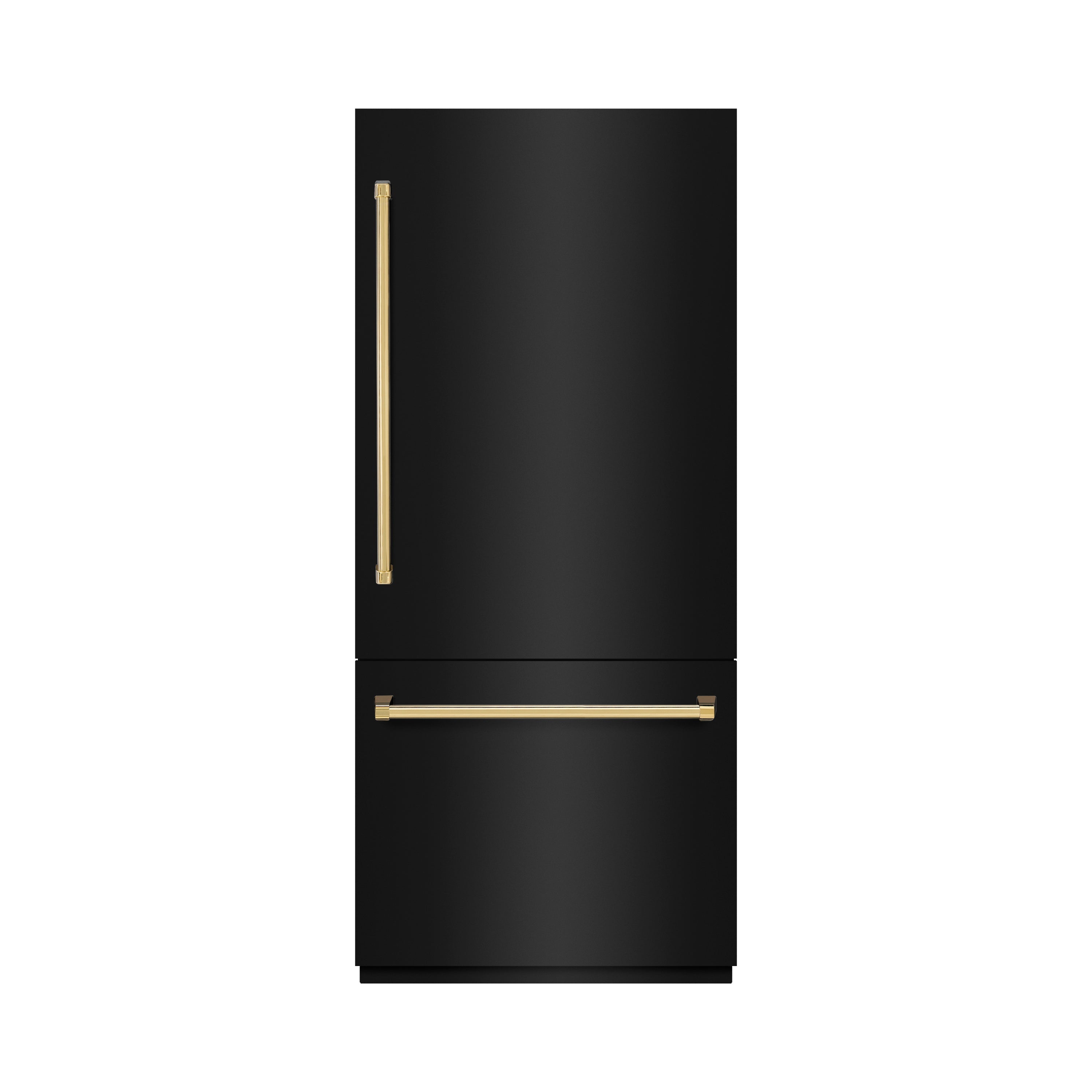 ZLINE Autograph Edition 36 in. 19.8 cu. ft. Built-In Bottom Freezer Refrigerator with Water Dispenser and Ice Maker in Black Stainless Steel with Graphite Gray Interior and Polished Gold Accents (GRBITZ-BS-36-G)