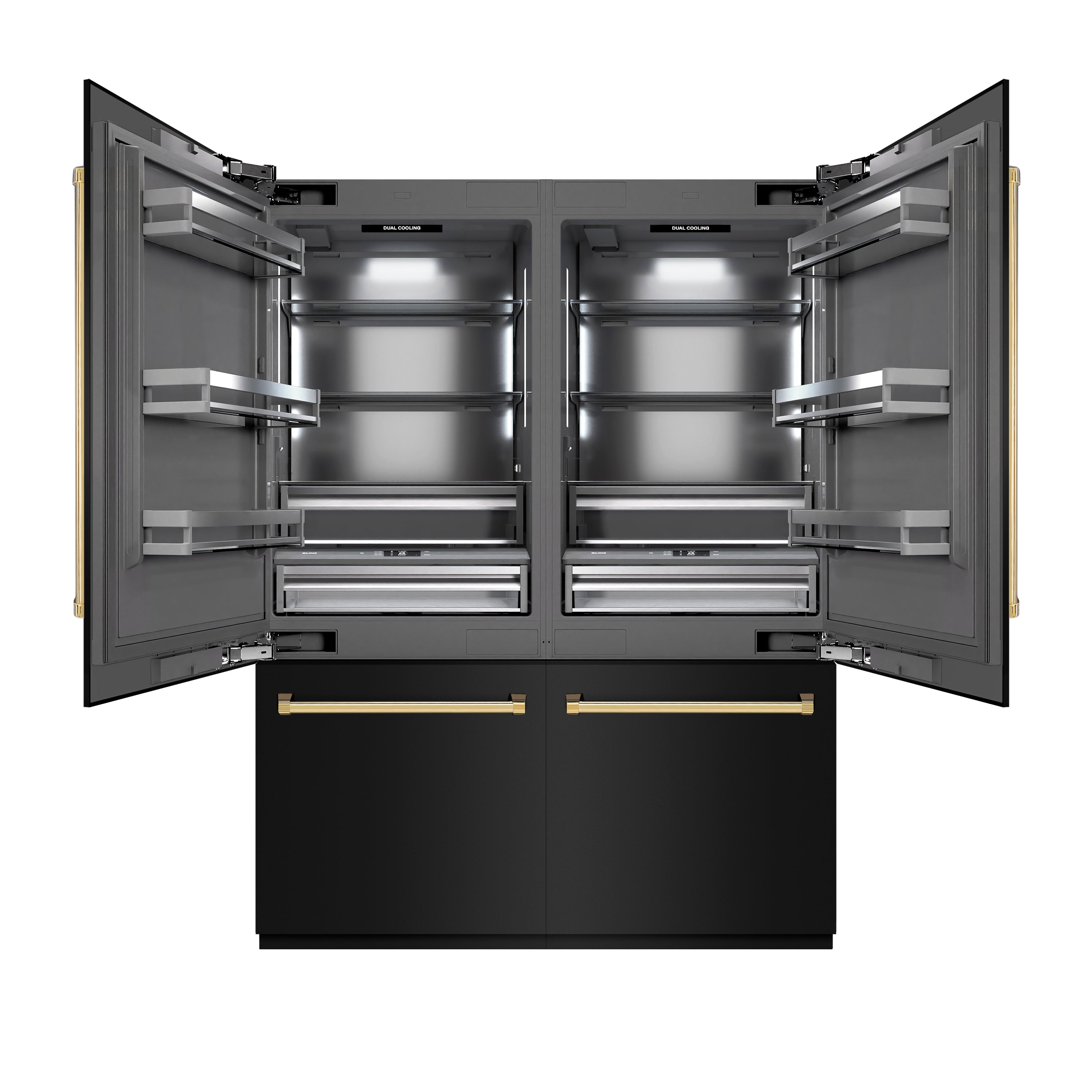 ZLINE Autograph Edition 60 in. 32.2 cu. ft. French Door Built-In Bottom Freezer Refrigerator with Water Dispenser and Ice Maker in Black Stainless Steel with Graphite Gray Interior and Polished Gold Accents (GRBIVZ-BS-60-G)