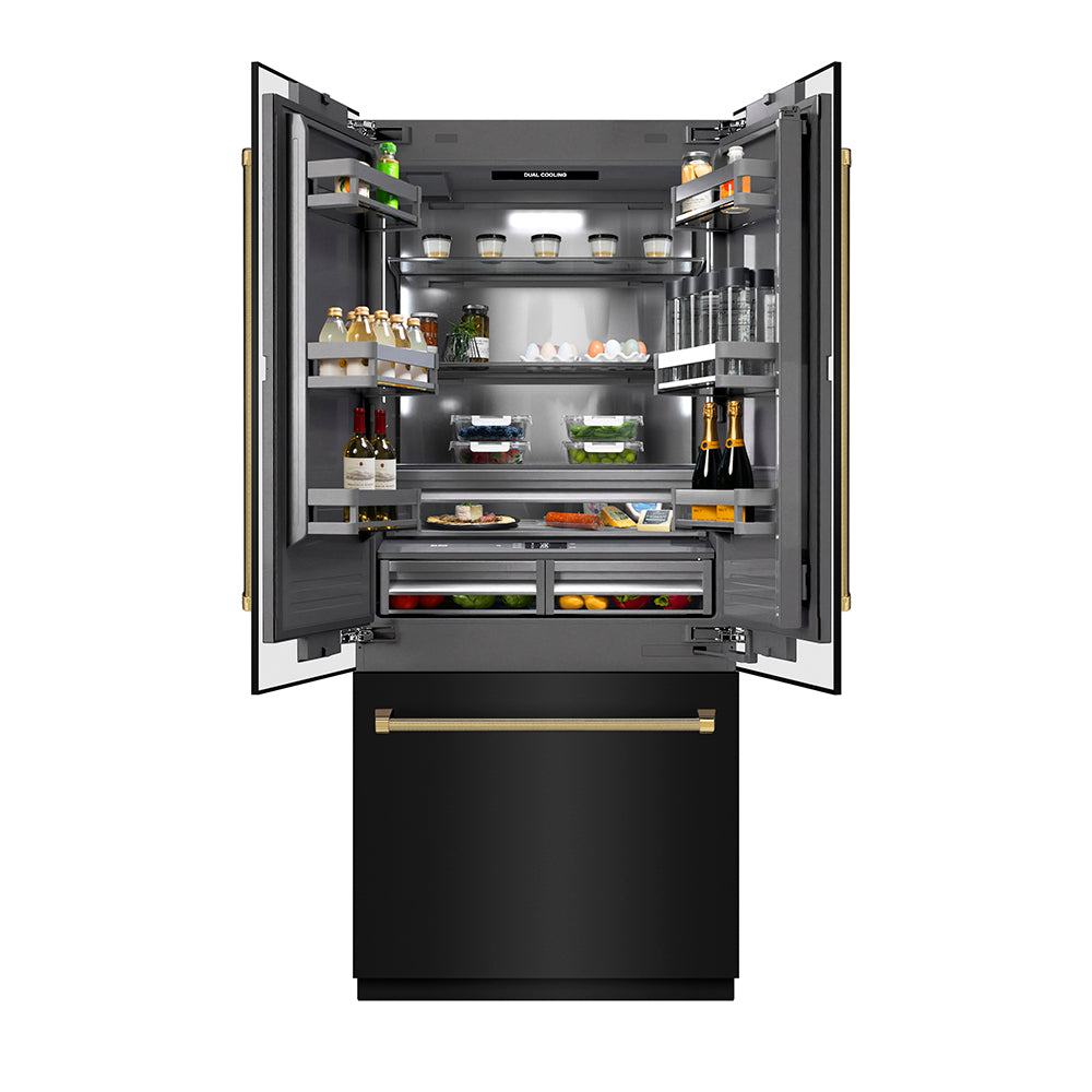 ZLINE Autograph Edition 36 in. 19.6 cu. ft. French Door Built-In Bottom Freezer Refrigerator with Water Dispenser and Ice Maker in Black Stainless Steel with Graphite Gray Interior and Polished Gold Helix Handles (GRBIVZ-BS36KG)