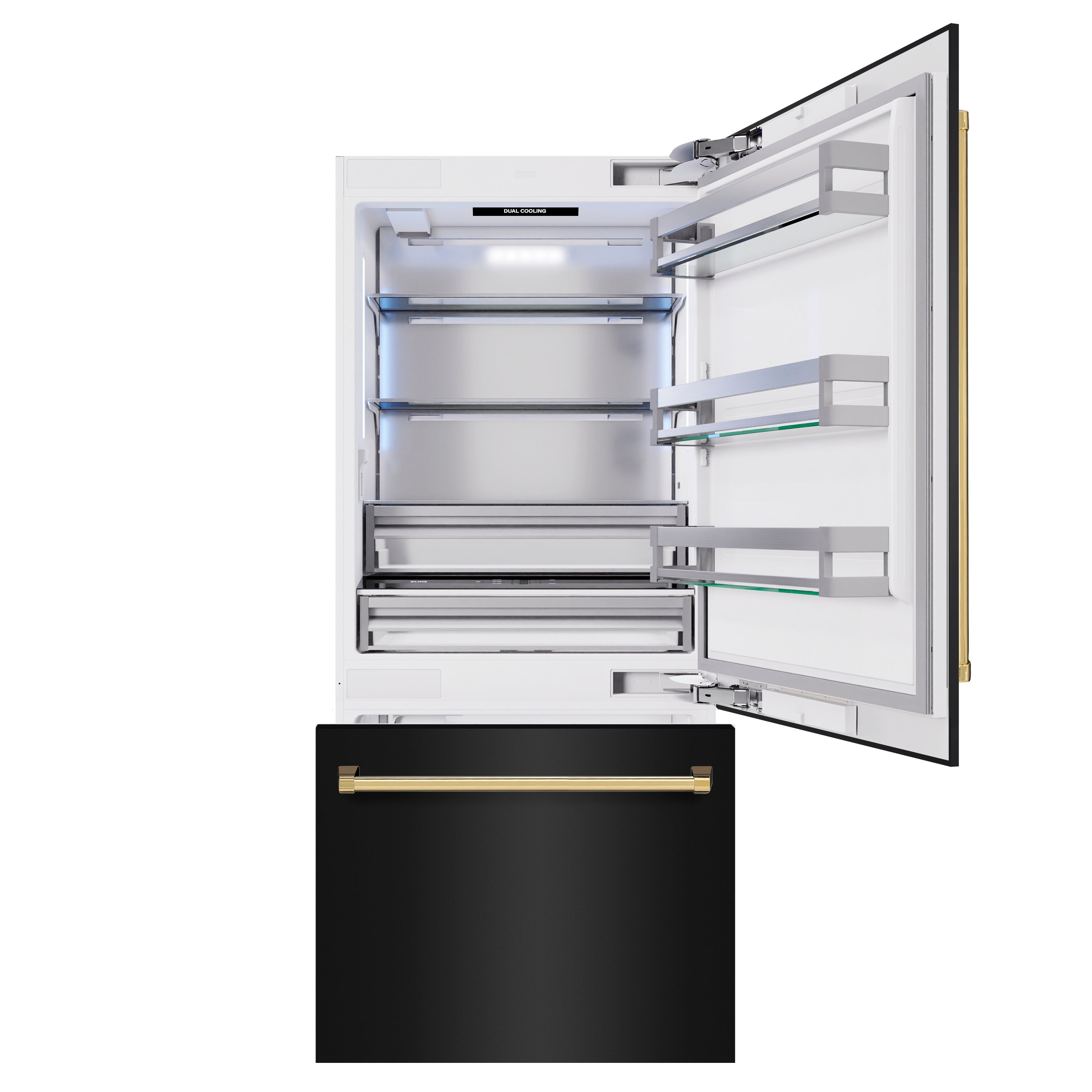 ZLINE Autograph Edition 36 in. 19.8 cu. ft. Built-In Bottom Freezer Refrigerator with Water Dispenser and Ice Maker in Black Stainless Steel and Polished Gold Accents (RBITZ-BS-36-G)