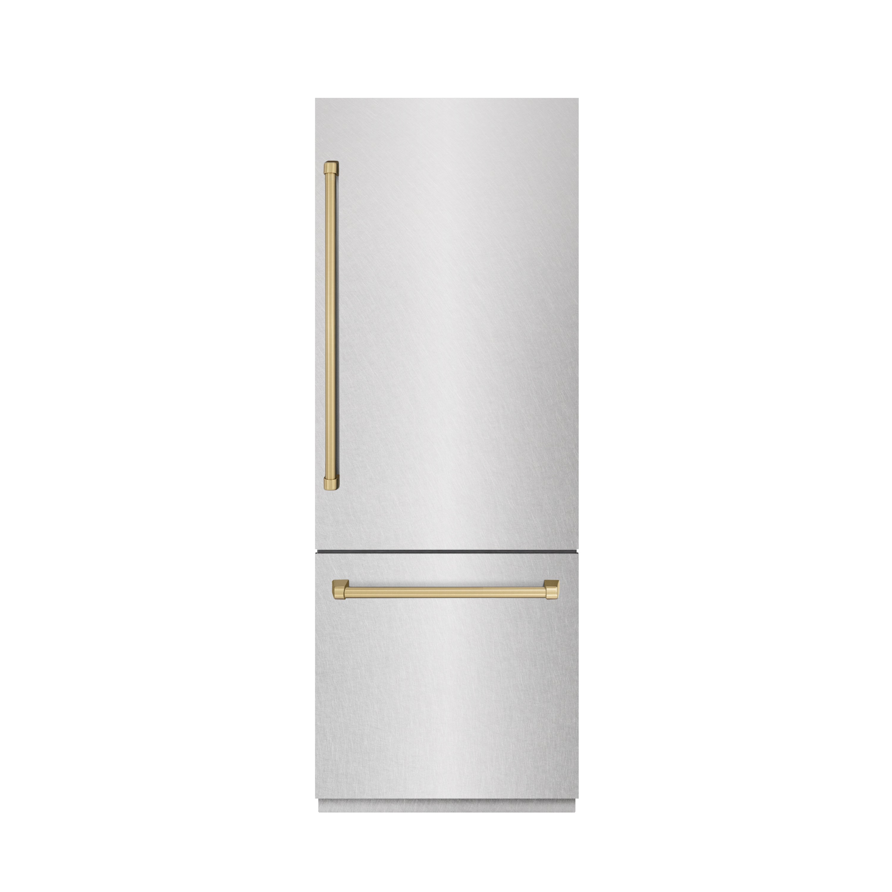 ZLINE Autograph Edition 30 in. 16.1 cu. ft. Built-In Bottom Freezer Refrigerator with Water Dispenser and Ice Maker in DuraSnow® Stainless Steel with Graphite Gray Interior and Champagne Bronze Accents (GRBIVZ-SN-30-CB)