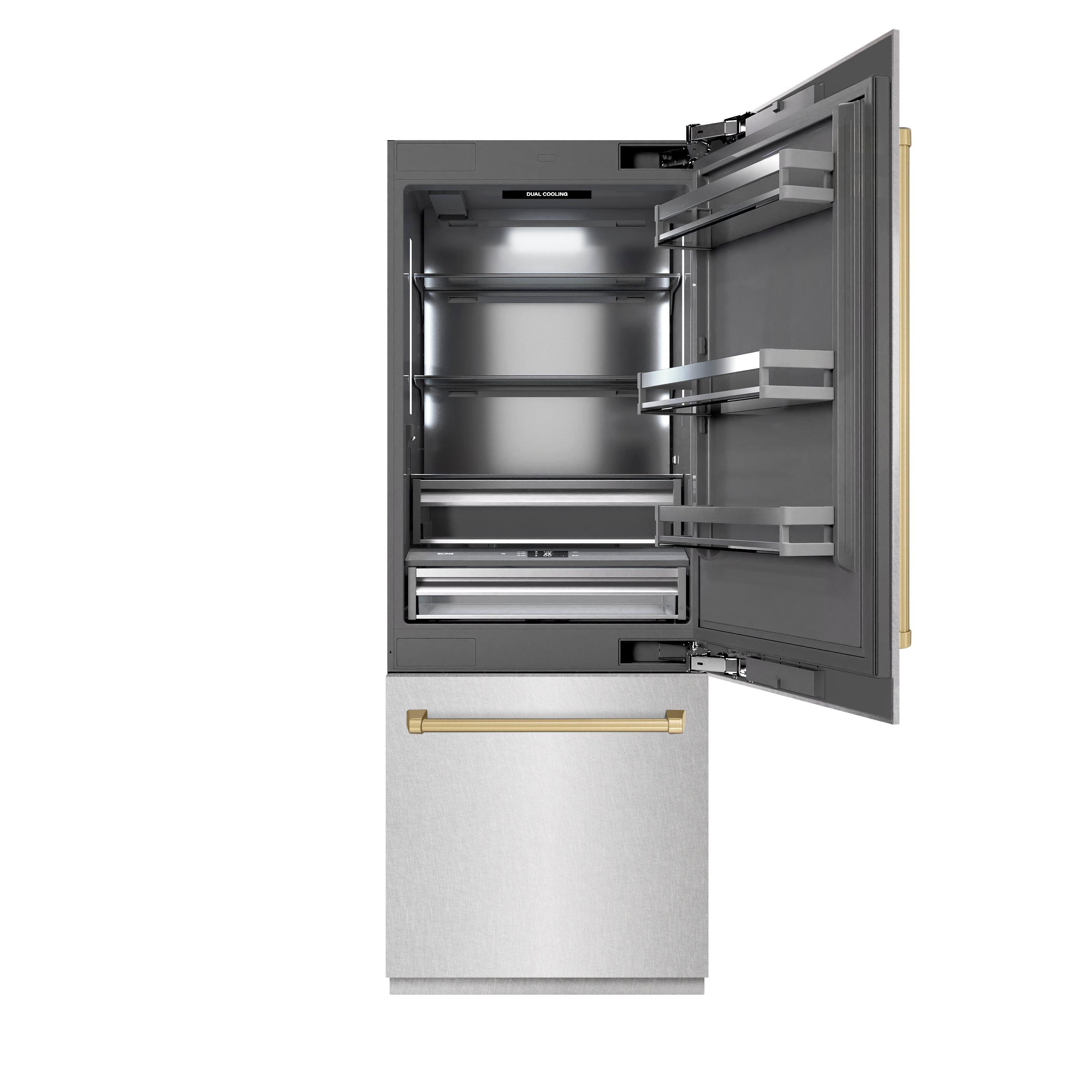 ZLINE Autograph Edition 30 in. 16.1 cu. ft. Built-In Bottom Freezer Refrigerator with Water Dispenser and Ice Maker in DuraSnow® Stainless Steel with Graphite Gray Interior and Champagne Bronze Accents (GRBIVZ-SN-30-CB)