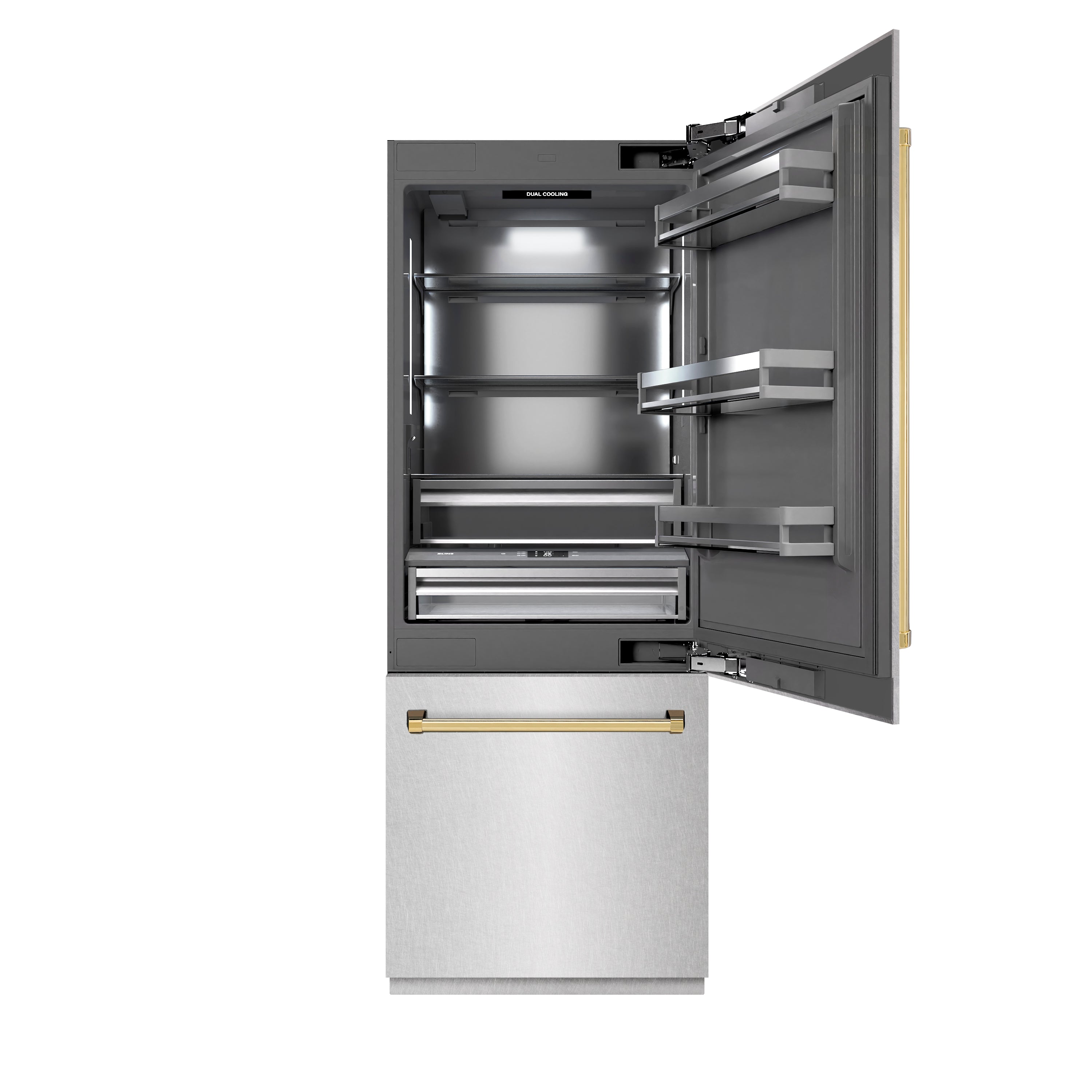 ZLINE Autograph Edition 30 in. 16.1 cu. ft. Built-In Bottom Freezer Refrigerator with Water Dispenser and Ice Maker in DuraSnow® Stainless Steel with Graphite Gray Interior and Polished Gold Accents (GRBIVZ-SN-30-G)
