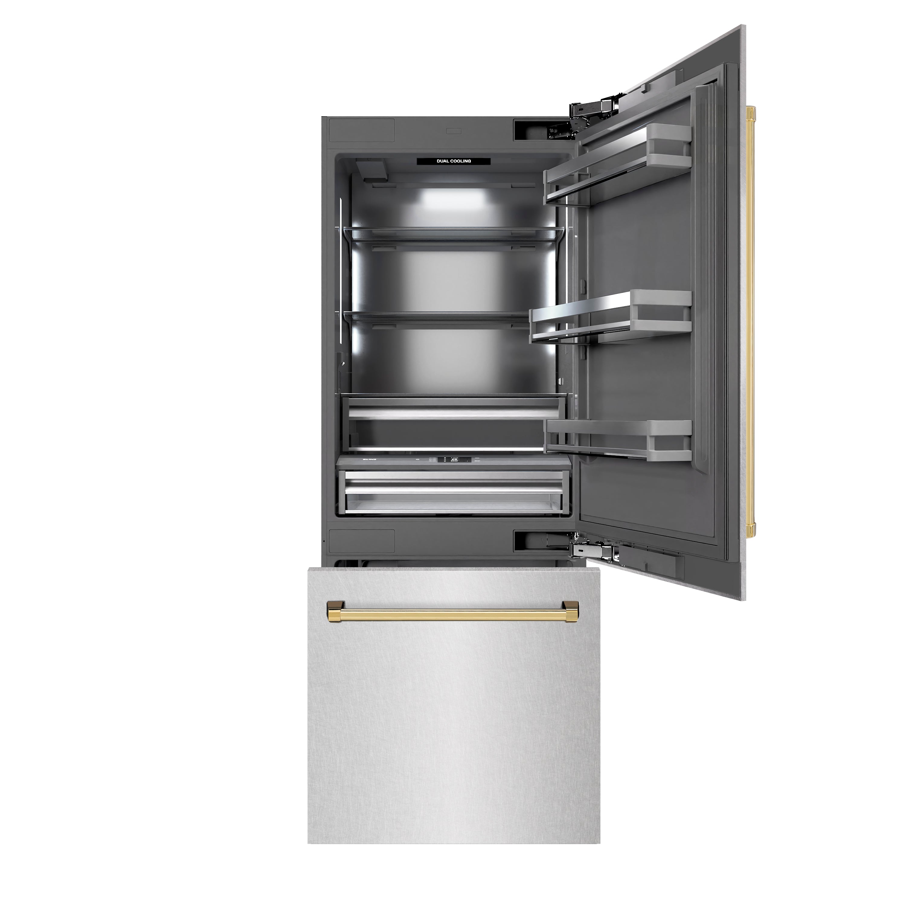 ZLINE Autograph Edition 30 in. 16.1 cu. ft. Built-In Bottom Freezer Refrigerator with Water Dispenser and Ice Maker in DuraSnow® Stainless Steel with Graphite Gray Interior and Polished Gold Accents (GRBIVZ-SN-30-G)