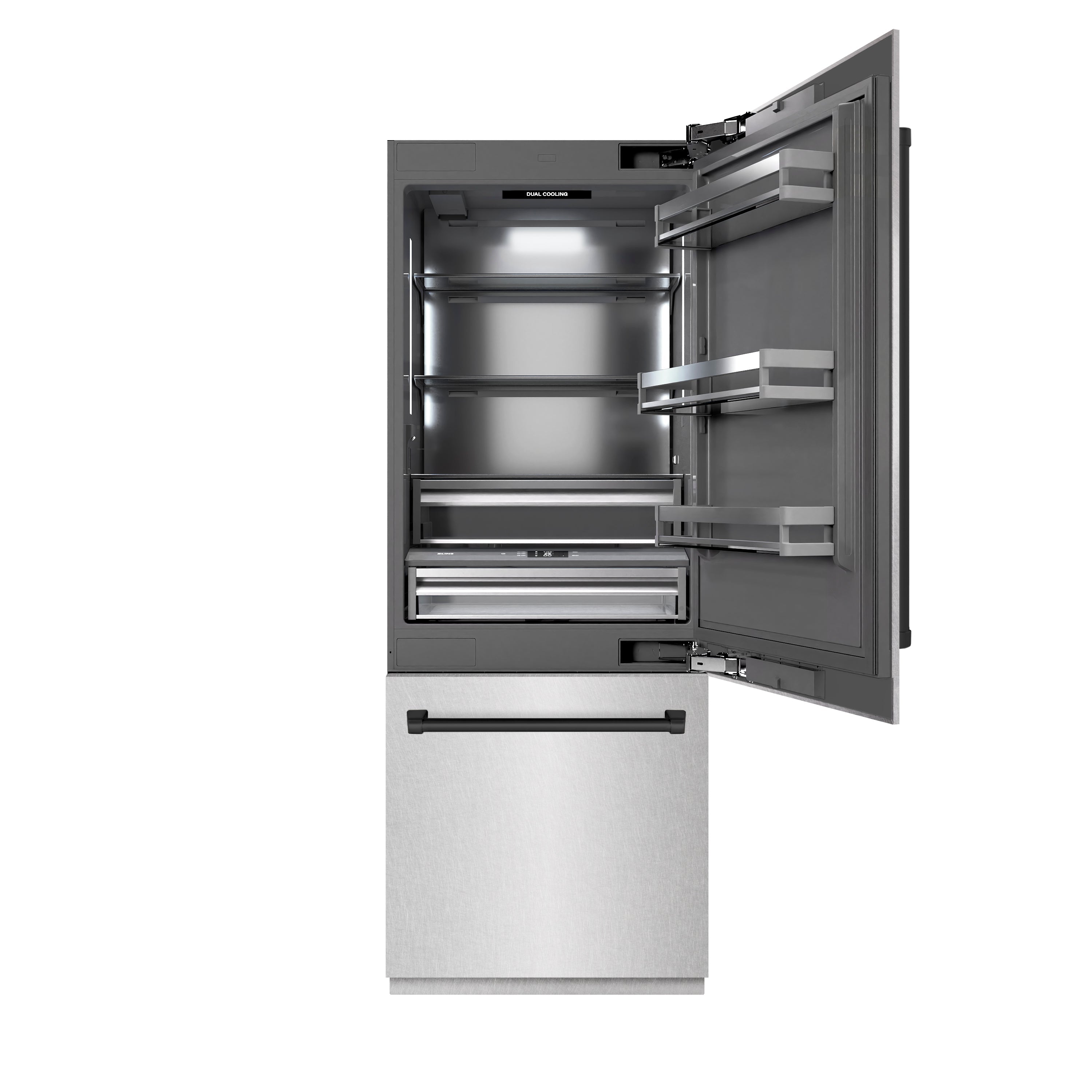 ZLINE Autograph Edition 30 in. 16.1 cu. ft. Built-In Bottom Freezer Refrigerator with Water Dispenser and Ice Maker in DuraSnow® Stainless Steel with Graphite Gray Interior and Matte Black Accents (GRBIVZ-SN-30-MB)