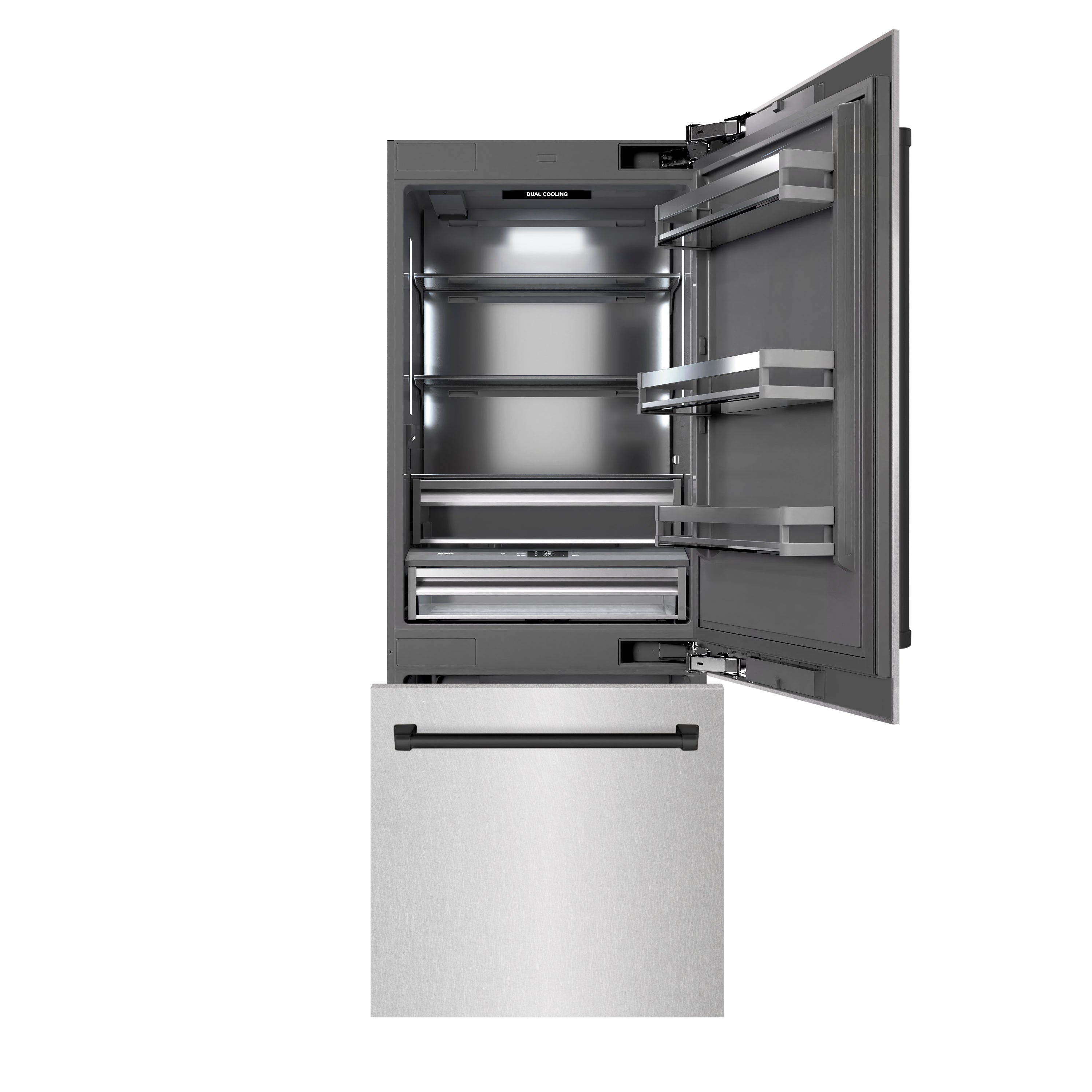 ZLINE Autograph Edition 30 in. 16.1 cu. ft. Built-In Bottom Freezer Refrigerator with Water Dispenser and Ice Maker in DuraSnow® Stainless Steel with Graphite Gray Interior and Matte Black Accents (GRBIVZ-SN-30-MB)