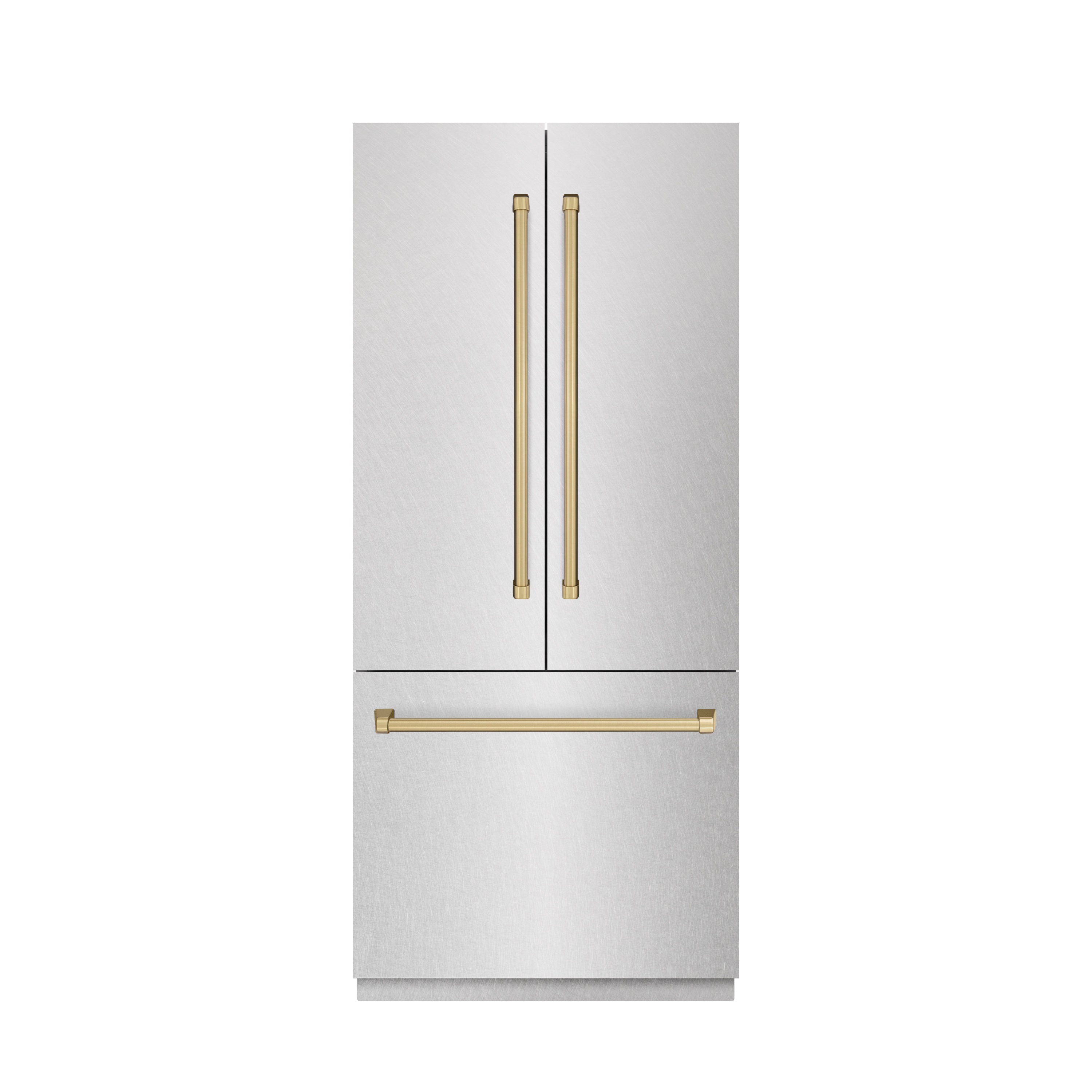 ZLINE Autograph Edition 36 in. 19.6 cu. ft. French Door Built-In Bottom Freezer Refrigerator with Water Dispenser and Ice Maker in DuraSnow® Stainless Steel with Graphite Gray Interior and Champagne Bronze Accents (GRBIVZ-SN-36-CB)