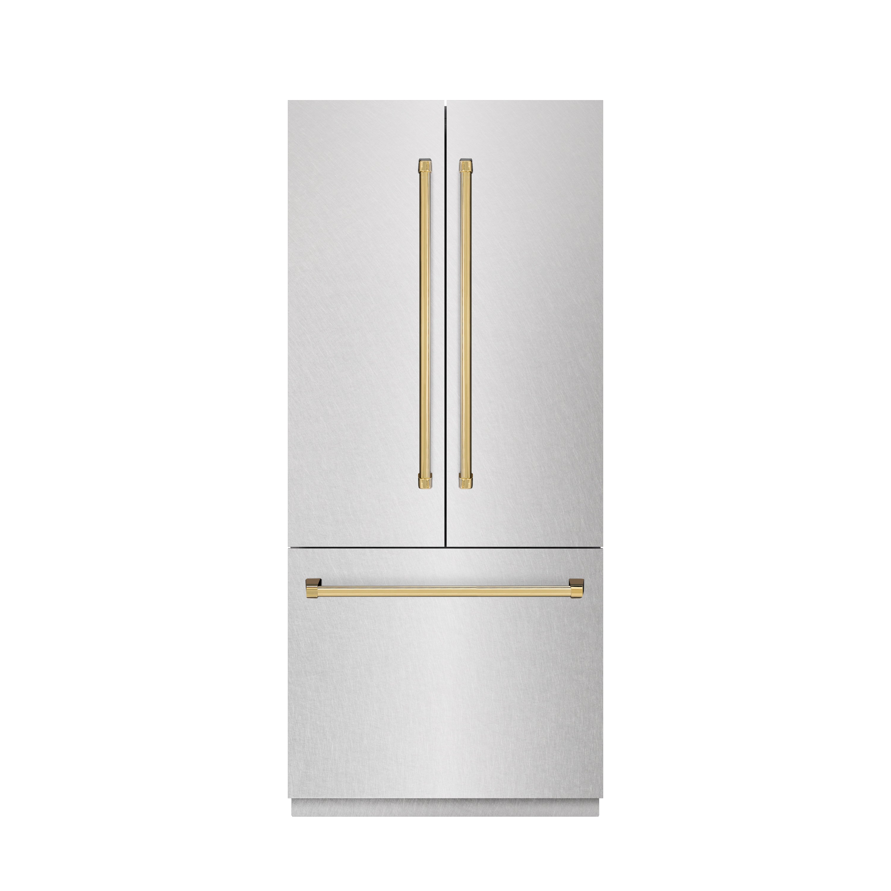 ZLINE Autograph Edition 36 in. 19.6 cu. ft. French Door Built-In Bottom Freezer Refrigerator with Water Dispenser and Ice Maker in DuraSnow® Stainless Steel with Graphite Gray Interior and Polished Gold Accents (GRBIVZ-SN-36-G)