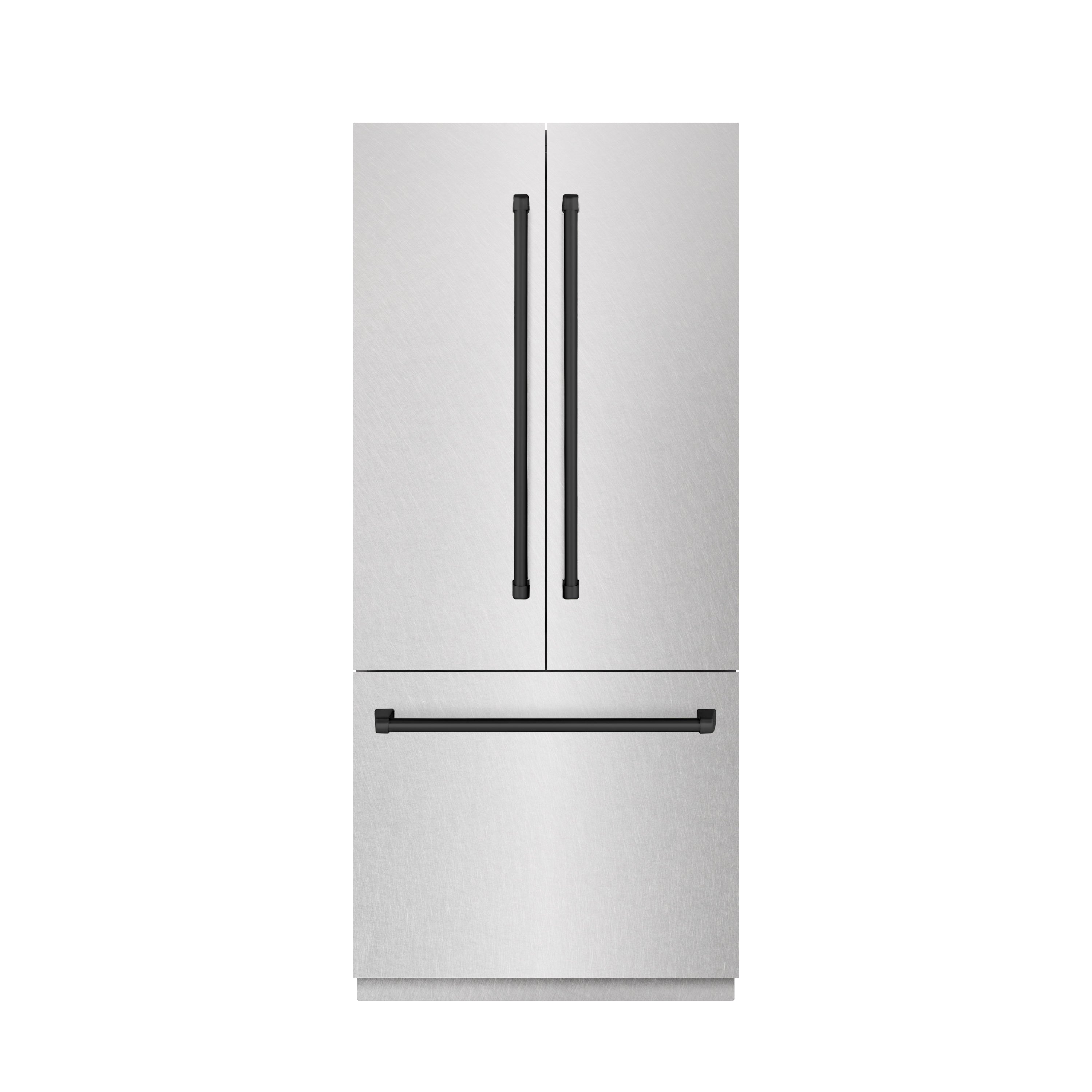 ZLINE Autograph Edition 36 in. 19.6 cu. ft. French Door Built-In Bottom Freezer Refrigerator with Water Dispenser and Ice Maker in DuraSnow® Stainless Steel with Graphite Gray Interior and Matte Black Accents (GRBIVZ-SN-36-MB)