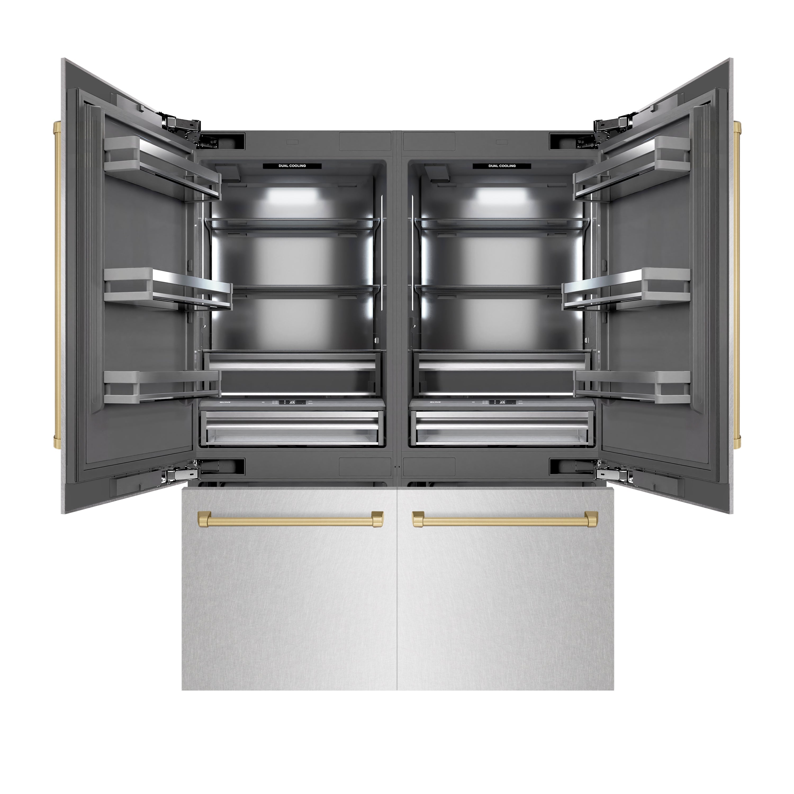 ZLINE Autograph Edition 60 in. 32.2 cu. ft. French Door Built-In Bottom Freezer Refrigerator with Water Dispenser and Ice Maker in DuraSnow® Stainless Steel with Graphite Gray Interior and Champagne Bronze Accents (GRBIVZ-SN-60-CB)