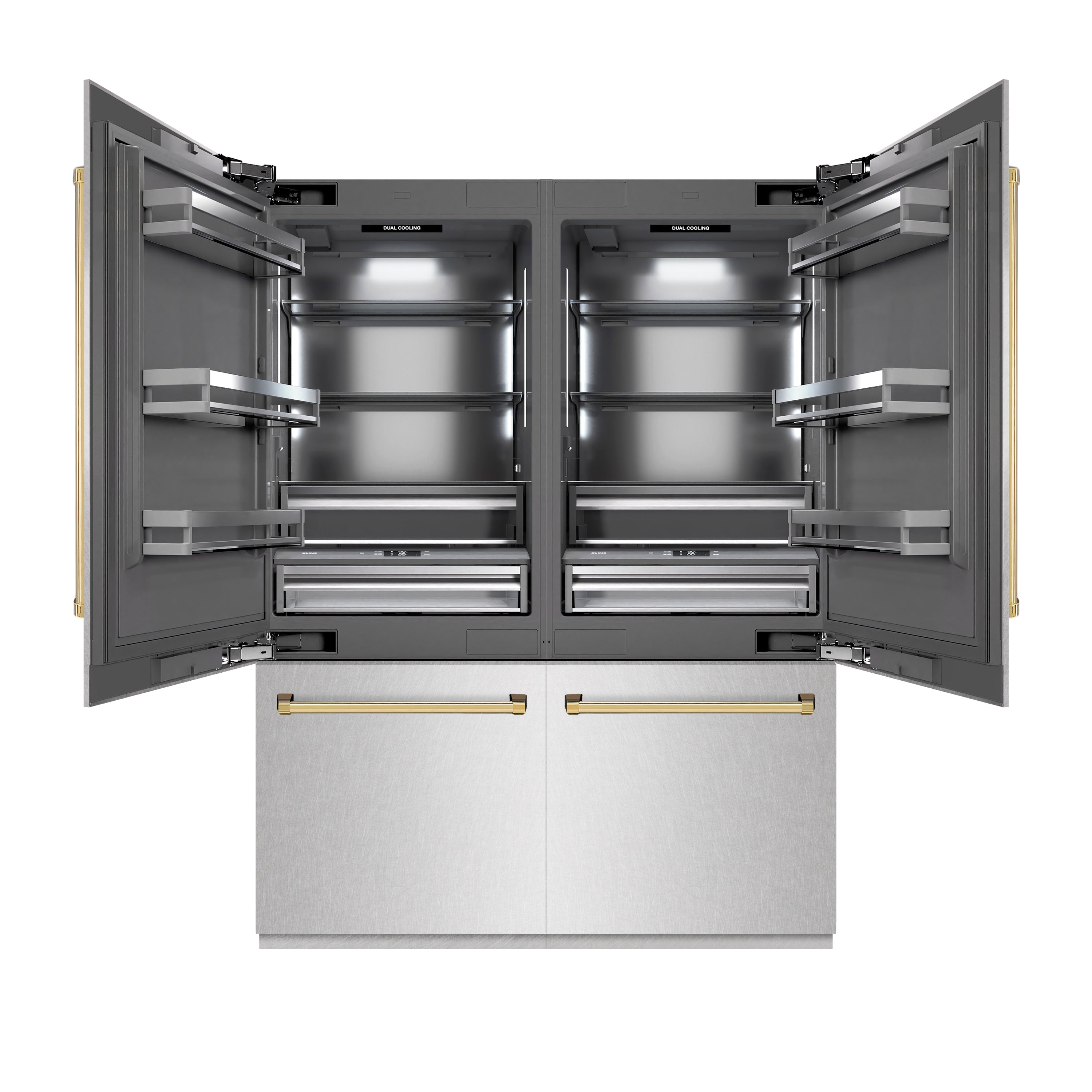 ZLINE Autograph Edition 60 in. 32.2 cu. ft. French Door Built-In Bottom Freezer Refrigerator with Water Dispenser and Ice Maker in DuraSnow® Stainless Steel with Graphite Gray Interior and Polished Gold Accents (GRBIVZ-SN-60-G)