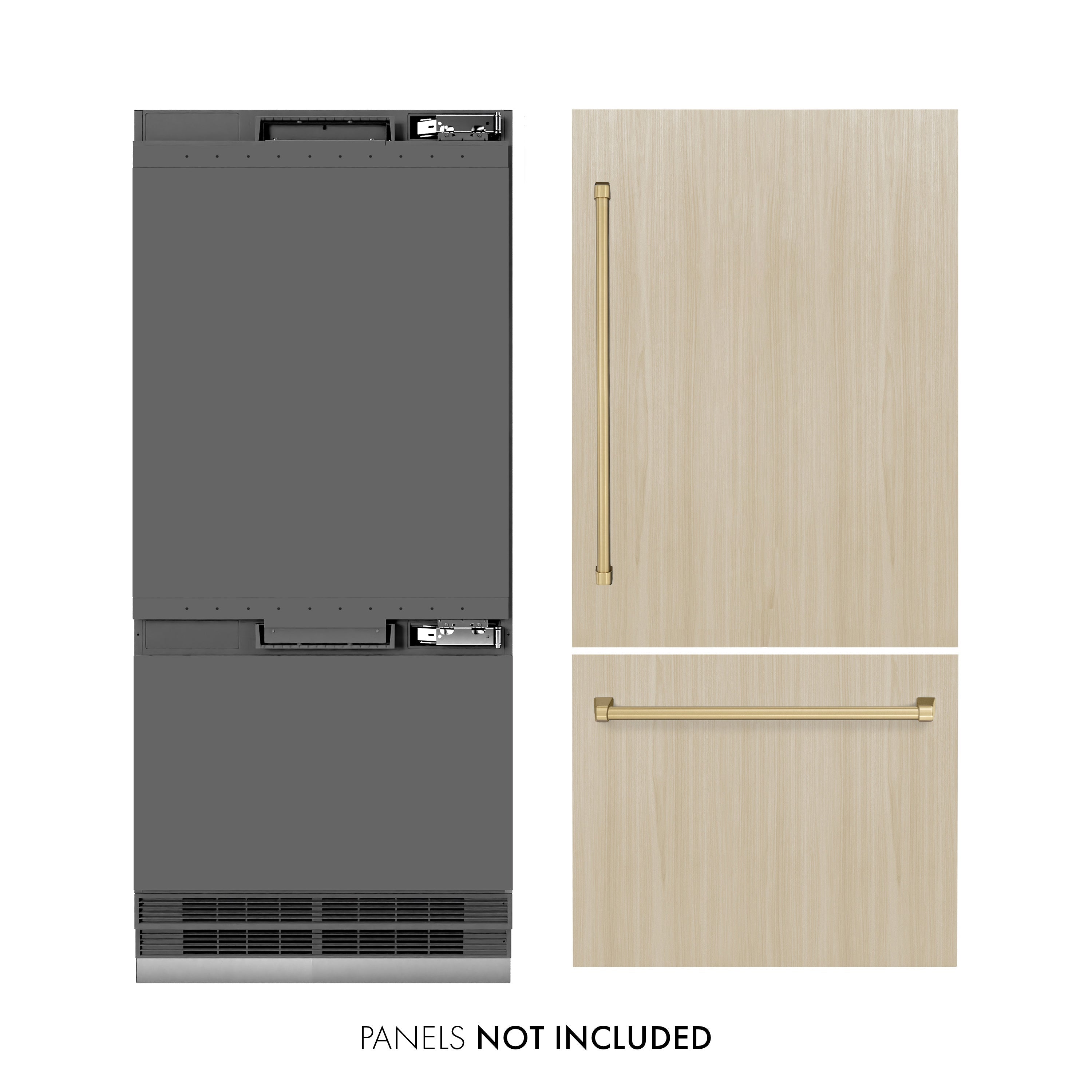 ZLINE Autograph Edition 36 in. 19.8 cu. ft. Panel Ready Built-In Bottom Freezer Refrigerator with Water Dispenser and Ice Maker with Graphite Gray Interior and Champagne Bronze Accents (GRBITZ-36-CB)