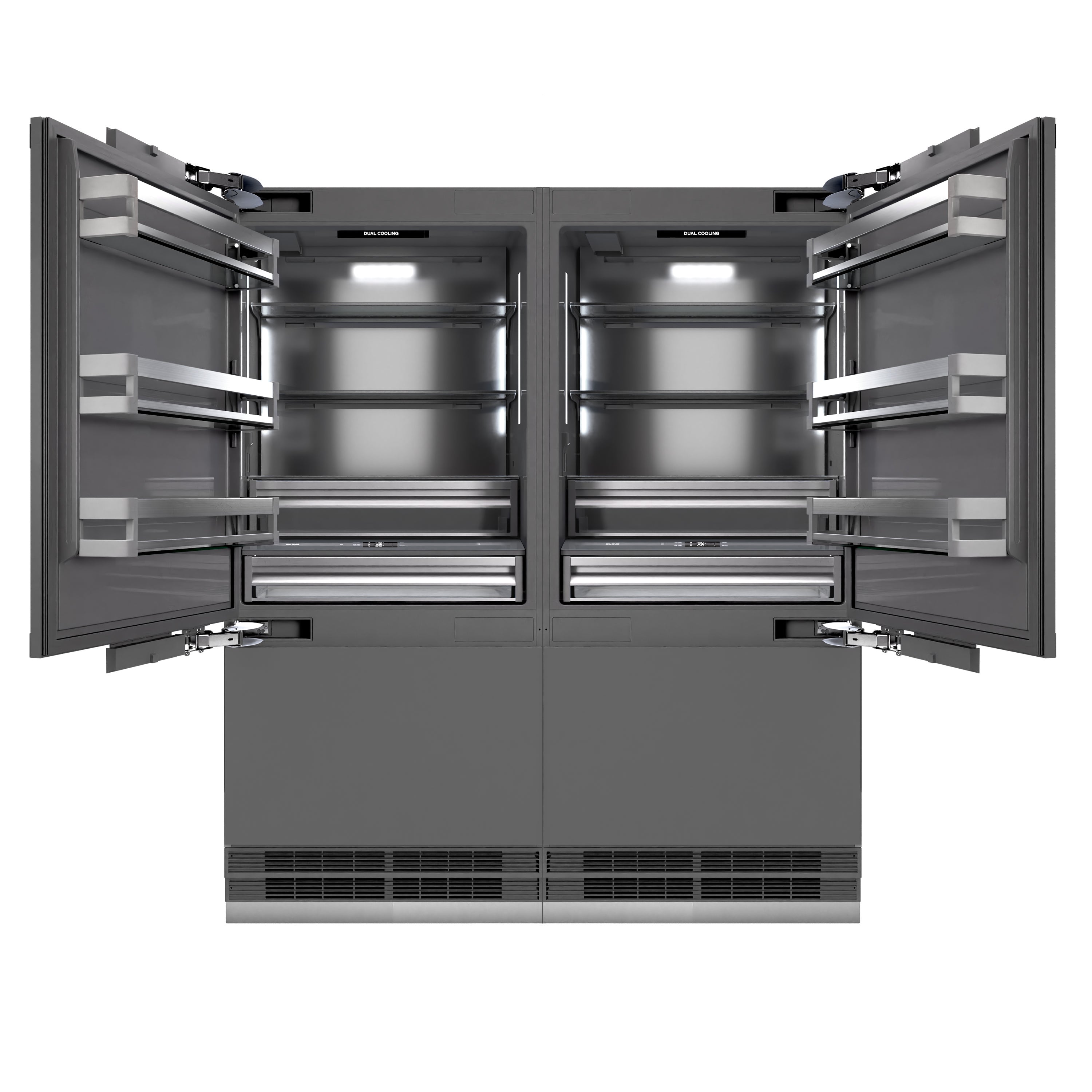 ZLINE Autograph Edition 72 in. 39.6 cu. ft. Panel Ready French Door Built-In Bottom Freezer Refrigerator with Water Dispensers and Ice Makers with Graphite Gray Interior and Polished Gold Accents (GRBITZ-72-G)