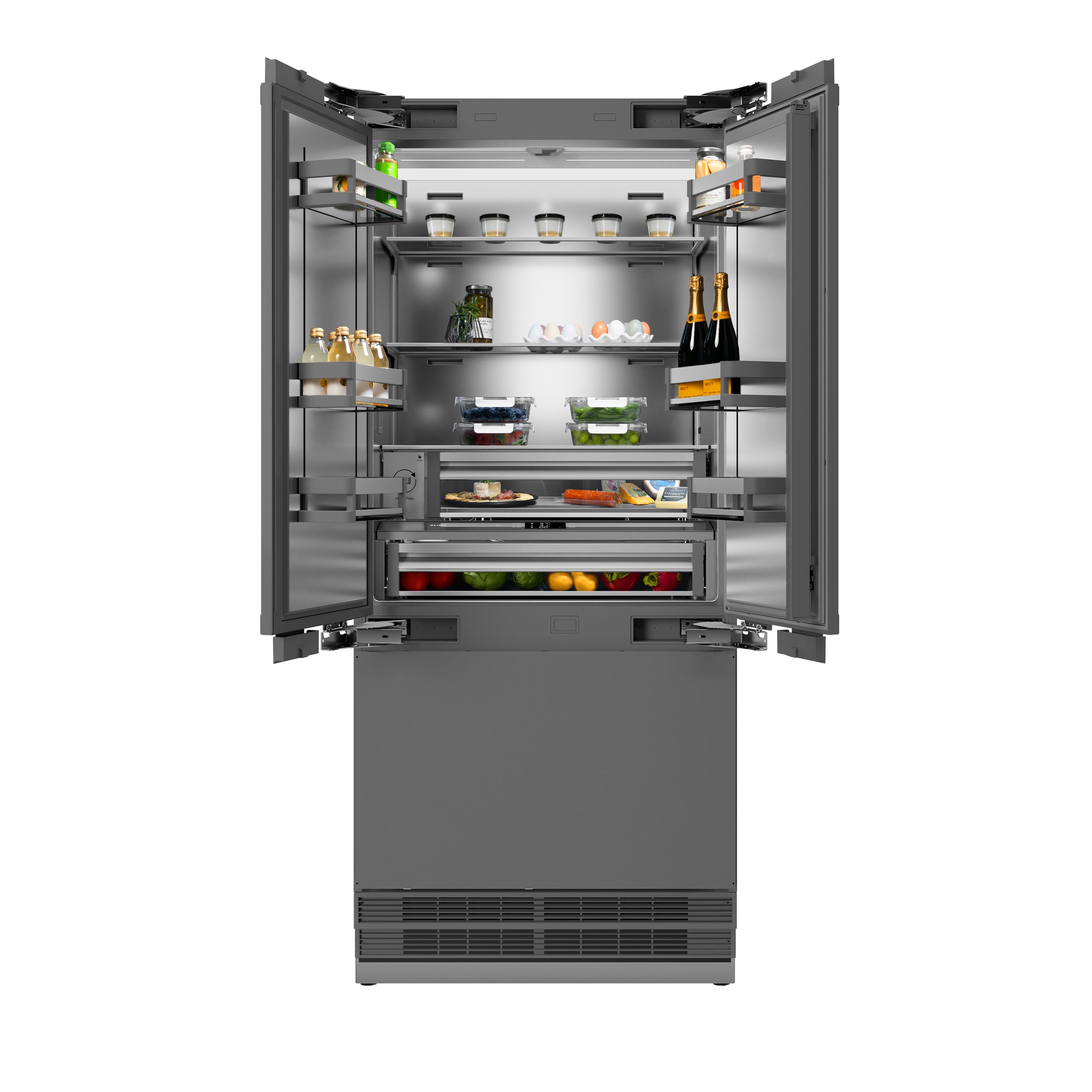 ZLINE Autograph Edition 36 in. 19.6 cu. ft. Panel Ready French Door Built-In Bottom Freezer Refrigerator with Water Dispenser and Ice Maker with Stainless Steel Interior and Champagne Bronze Accents (SRBIVZ-36-CB)