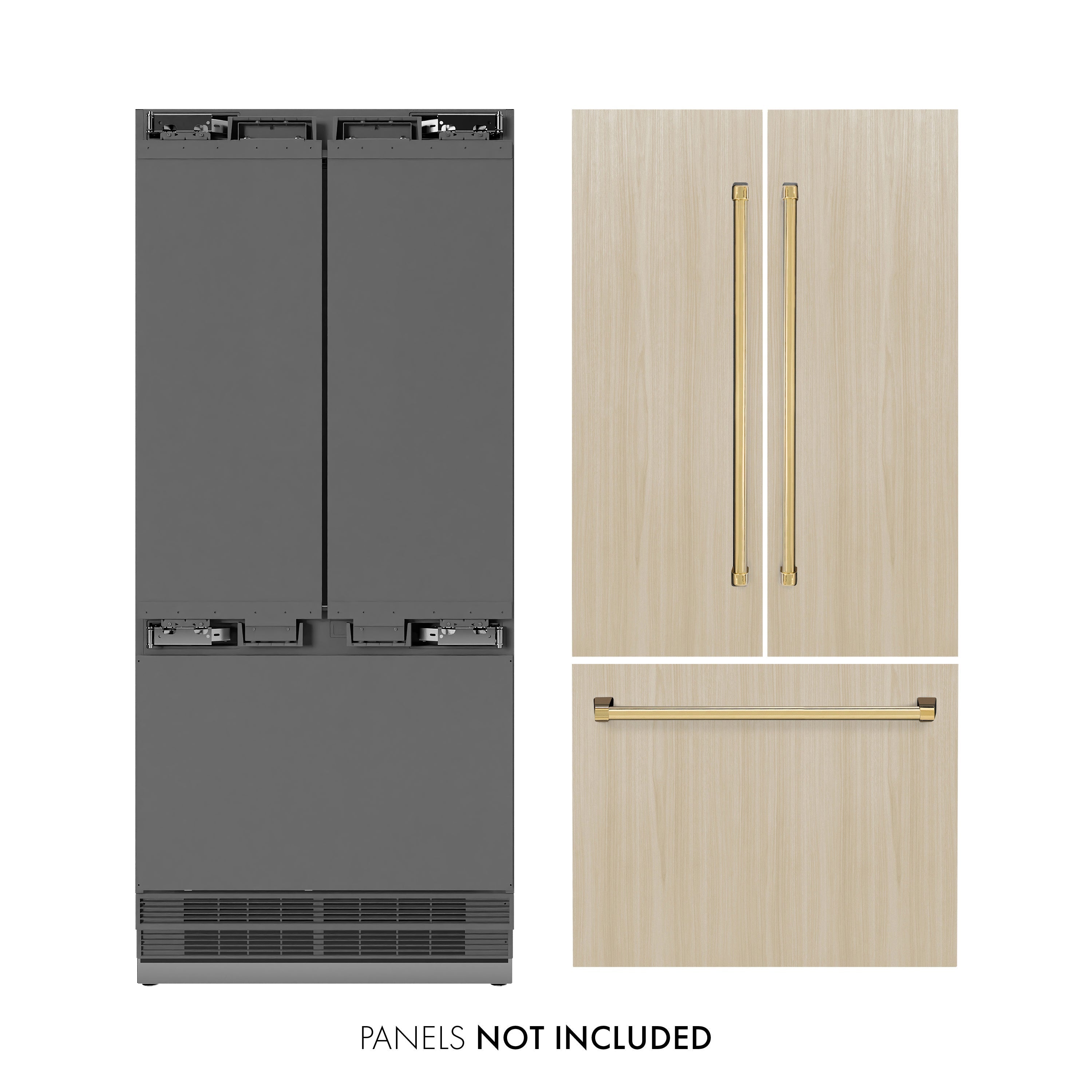 ZLINE Autograph Edition 36 in. 19.6 cu. ft. Panel Ready French Door Built-In Bottom Freezer Refrigerator with Water Dispenser and Ice Maker with Stainless Steel Interior and Polished Gold Accents (SRBIVZ-36-G)