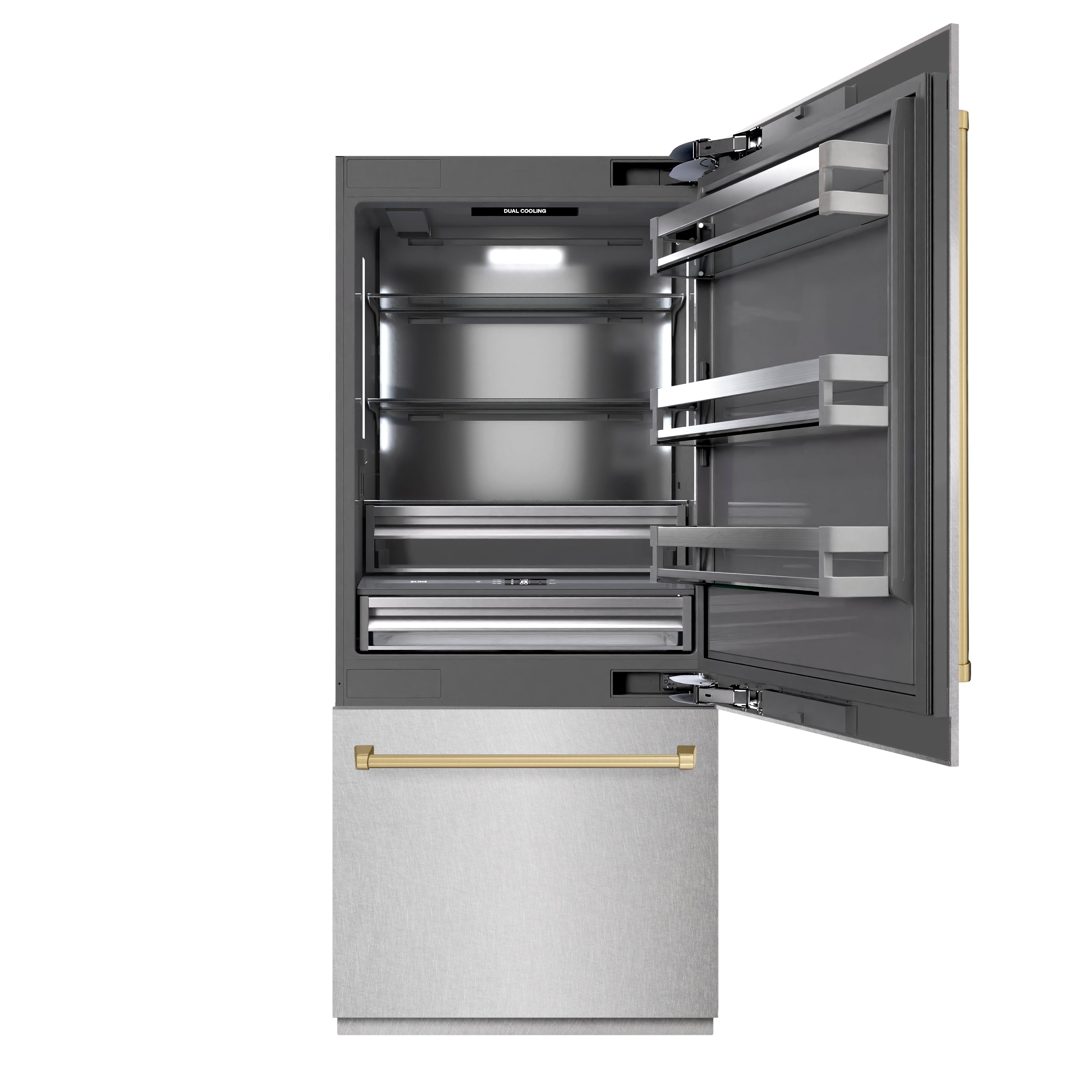 ZLINE Autograph Edition 36 in. 19.8 cu. ft. Built-In Bottom Freezer Refrigerator with Water Dispenser and Ice Maker in DuraSnow® Stainless Steel with Graphite Gray Interior and Champagne Bronze Accents (GRBITZ-SN-36-CB)