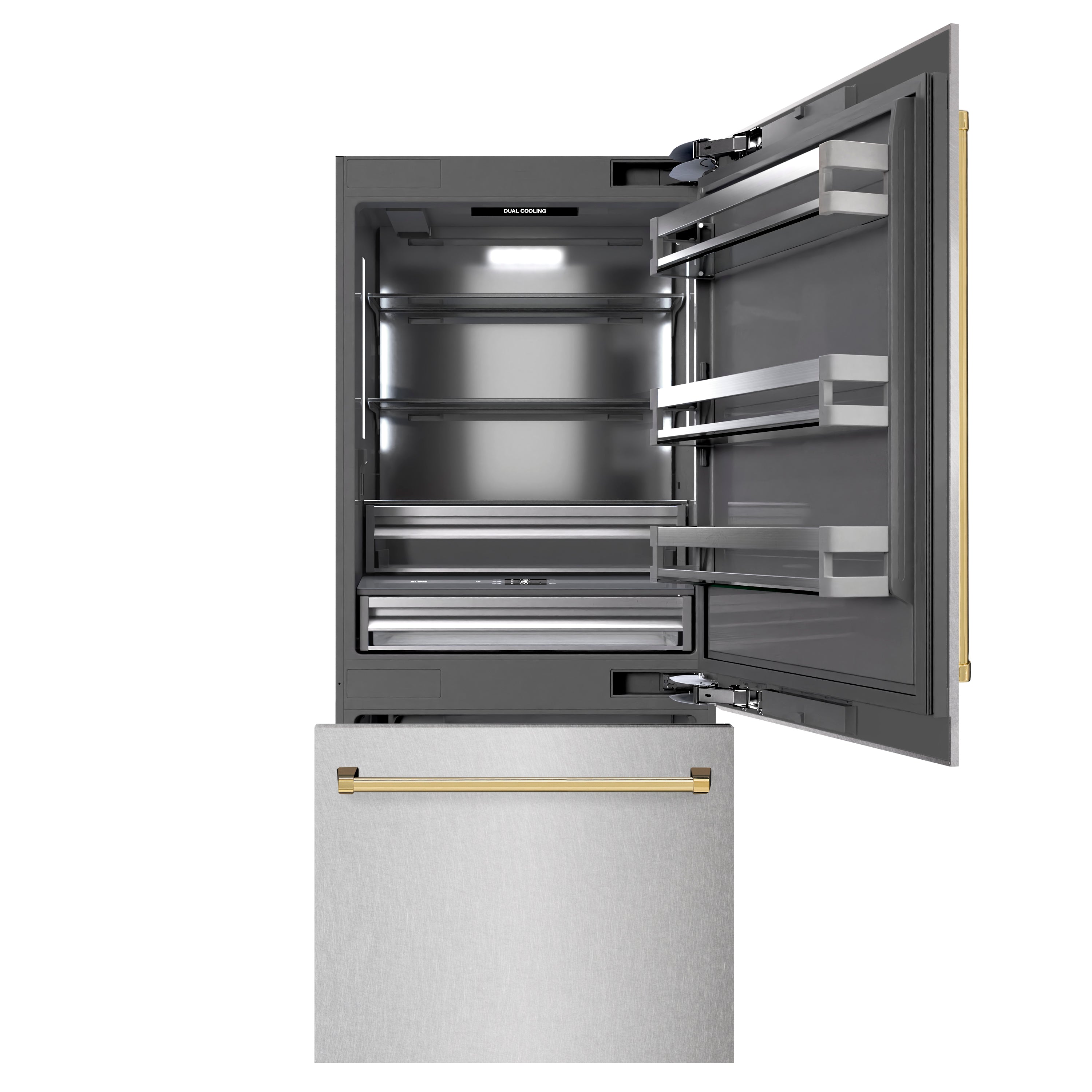 ZLINE Autograph Edition 36 in. 19.8 cu. ft. Built-In Bottom Freezer Refrigerator with Water Dispenser and Ice Maker in DuraSnow® Stainless Steel with Graphite Gray Interior and Polished Gold Accents (GRBITZ-SN-36-G)