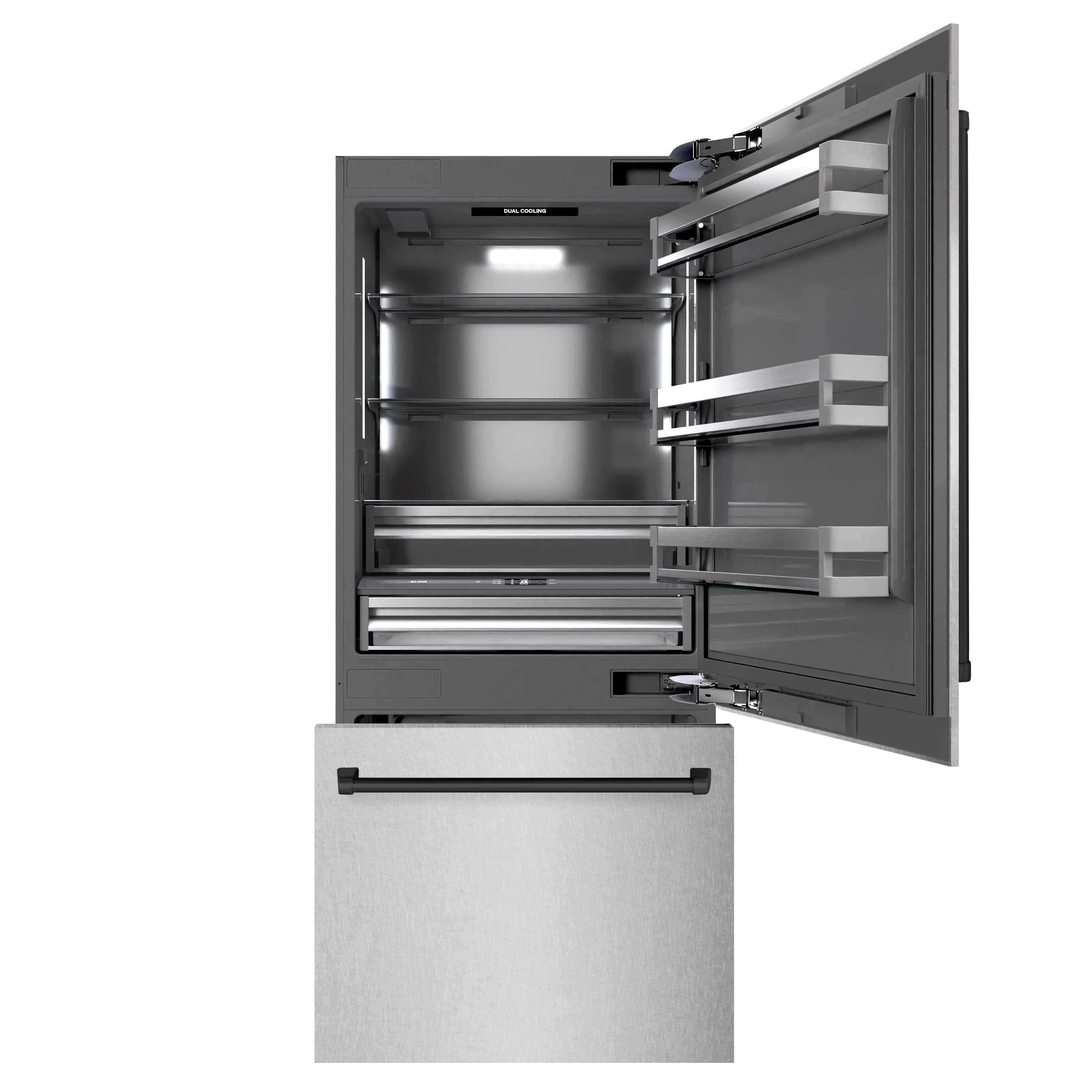 ZLINE Autograph Edition 36 in. 19.8 cu. ft. Built-In Bottom Freezer Refrigerator with Water Dispenser and Ice Maker in DuraSnow® Stainless Steel with Graphite Gray Interior and Matte Black Accents (GRBITZ-SN-36-MB)
