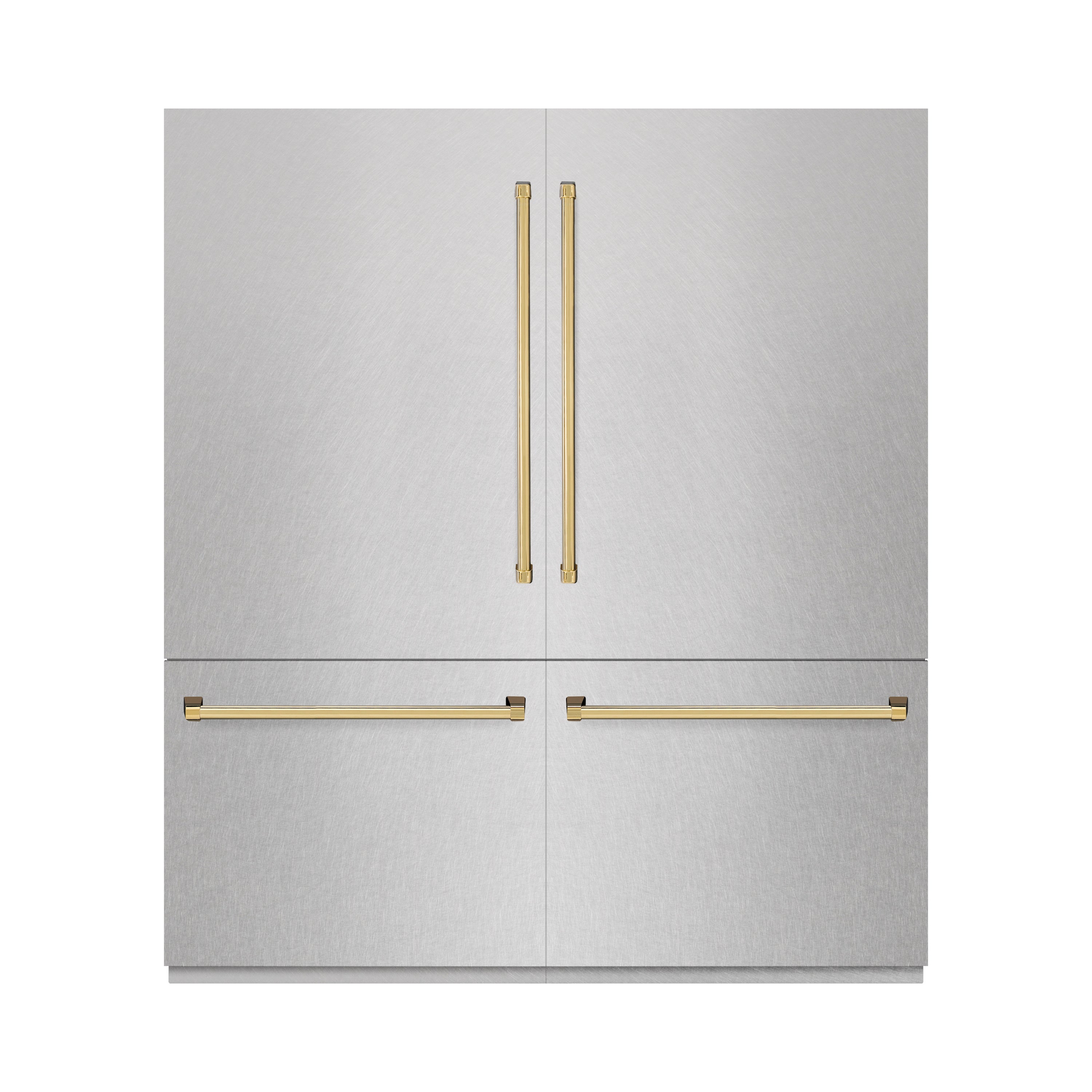 ZLINE Autograph Edition 72 in. 39.6 cu. ft. French Door Built-In Bottom Freezer Refrigerator with Water Dispensers and Ice Makers in DuraSnow® Stainless Steel with graphite Gray Interior and Polished Gold Accents (GRBITZ-SN-72-G)