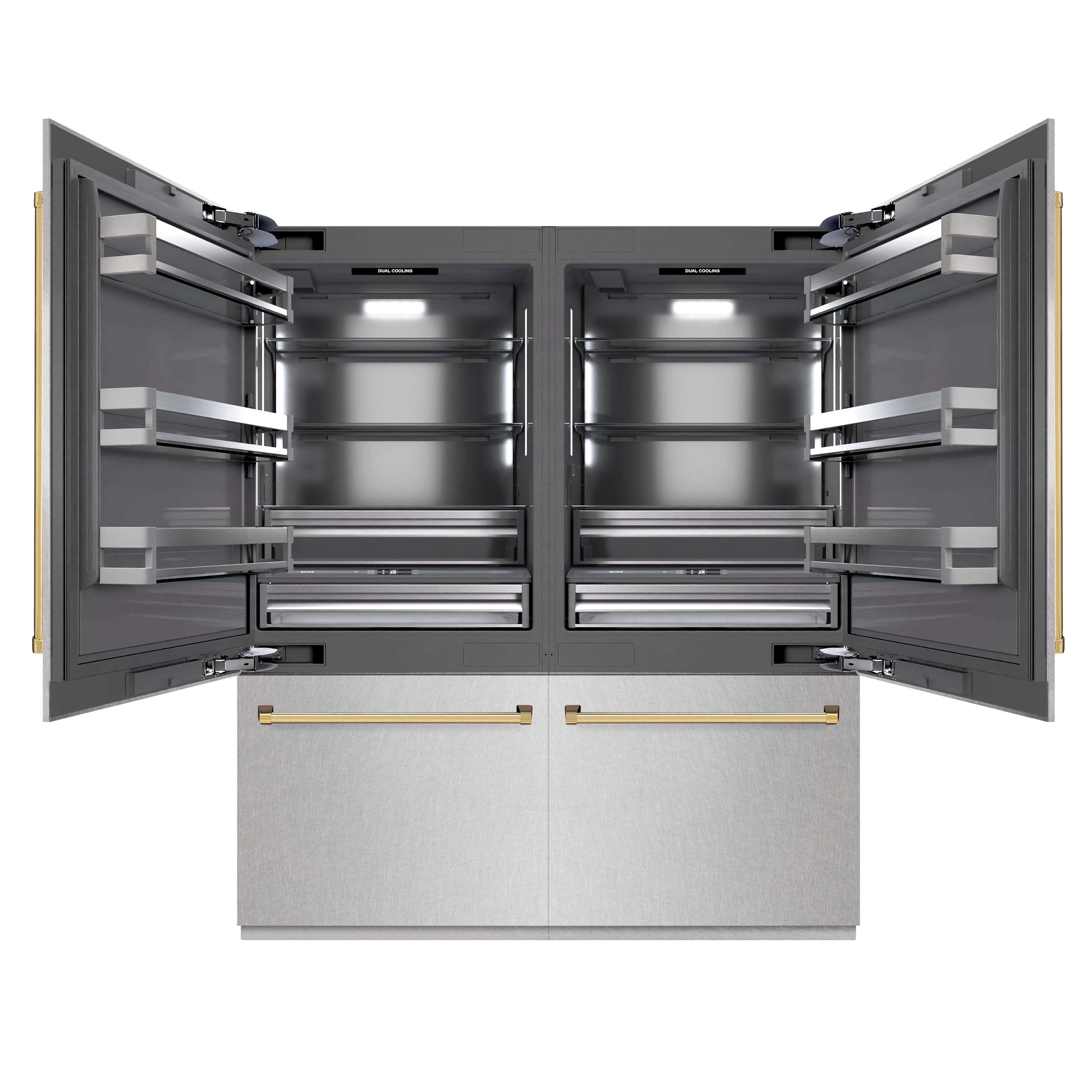ZLINE Autograph Edition 72 in. 39.6 cu. ft. French Door Built-In Bottom Freezer Refrigerator with Water Dispensers and Ice Makers in DuraSnow® Stainless Steel with graphite Gray Interior and Polished Gold Accents (GRBITZ-SN-72-G)