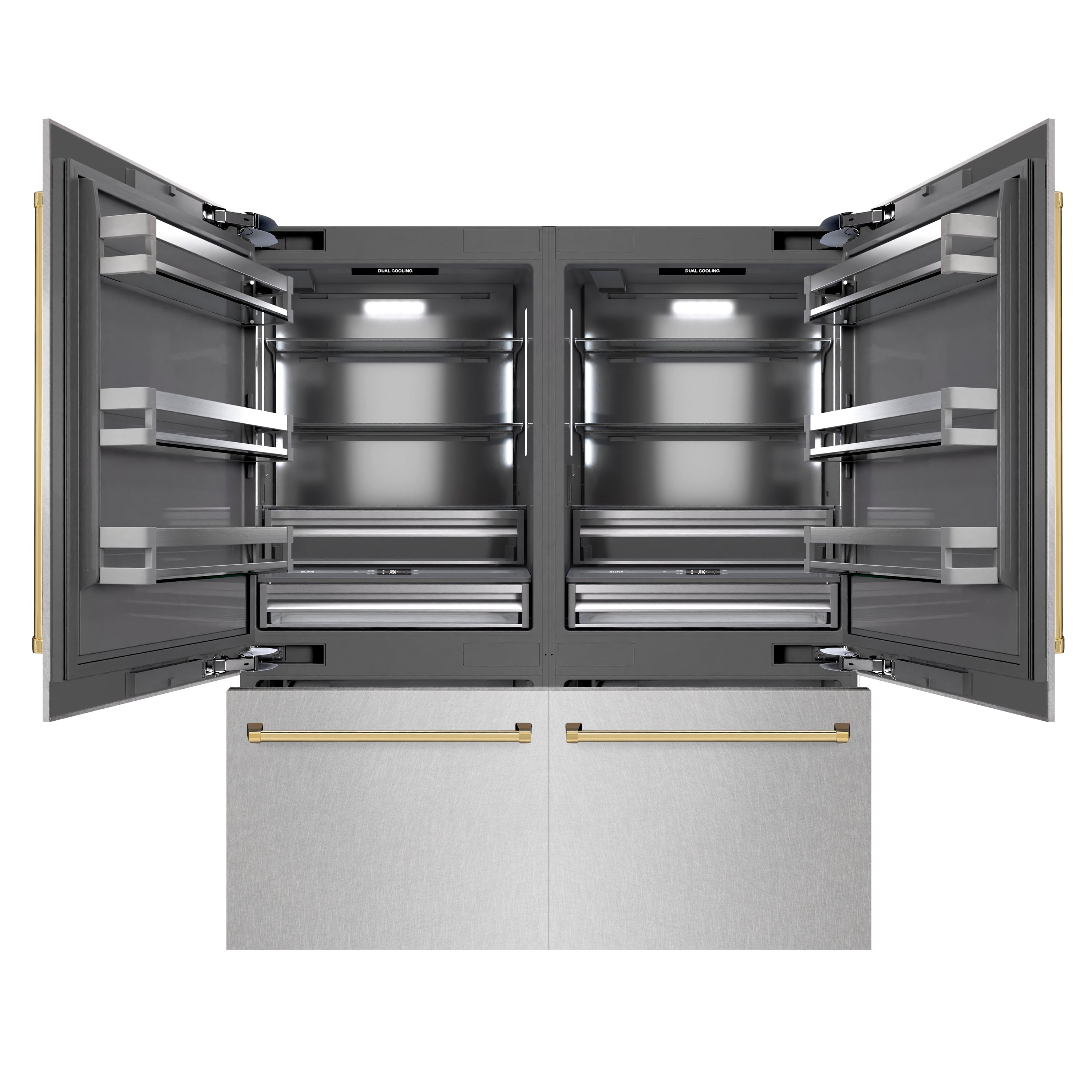 ZLINE Autograph Edition 72 in. 39.6 cu. ft. French Door Built-In Bottom Freezer Refrigerator with Water Dispensers and Ice Makers in DuraSnow® Stainless Steel with graphite Gray Interior and Polished Gold Accents (GRBITZ-SN-72-G)