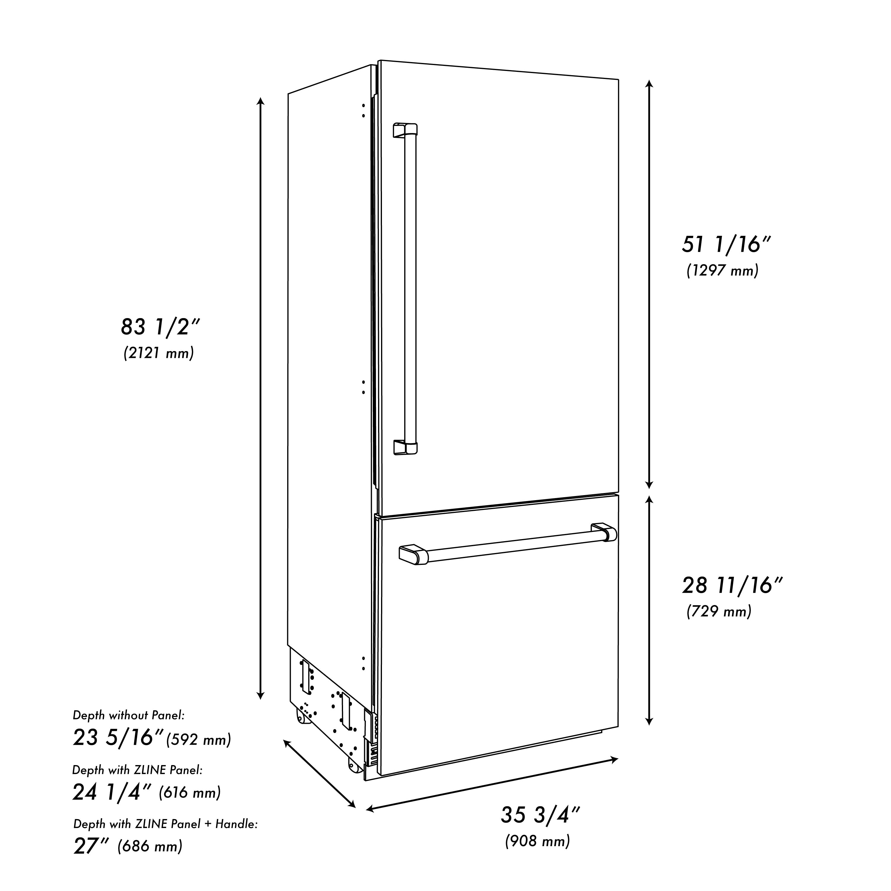 ZLINE 36 in. 19.8 cu. ft. Built-In Bottom Freezer Refrigerator with Water Dispenser and Ice Maker in DuraSnow® Stainless Steel (RBIT-SN-36)