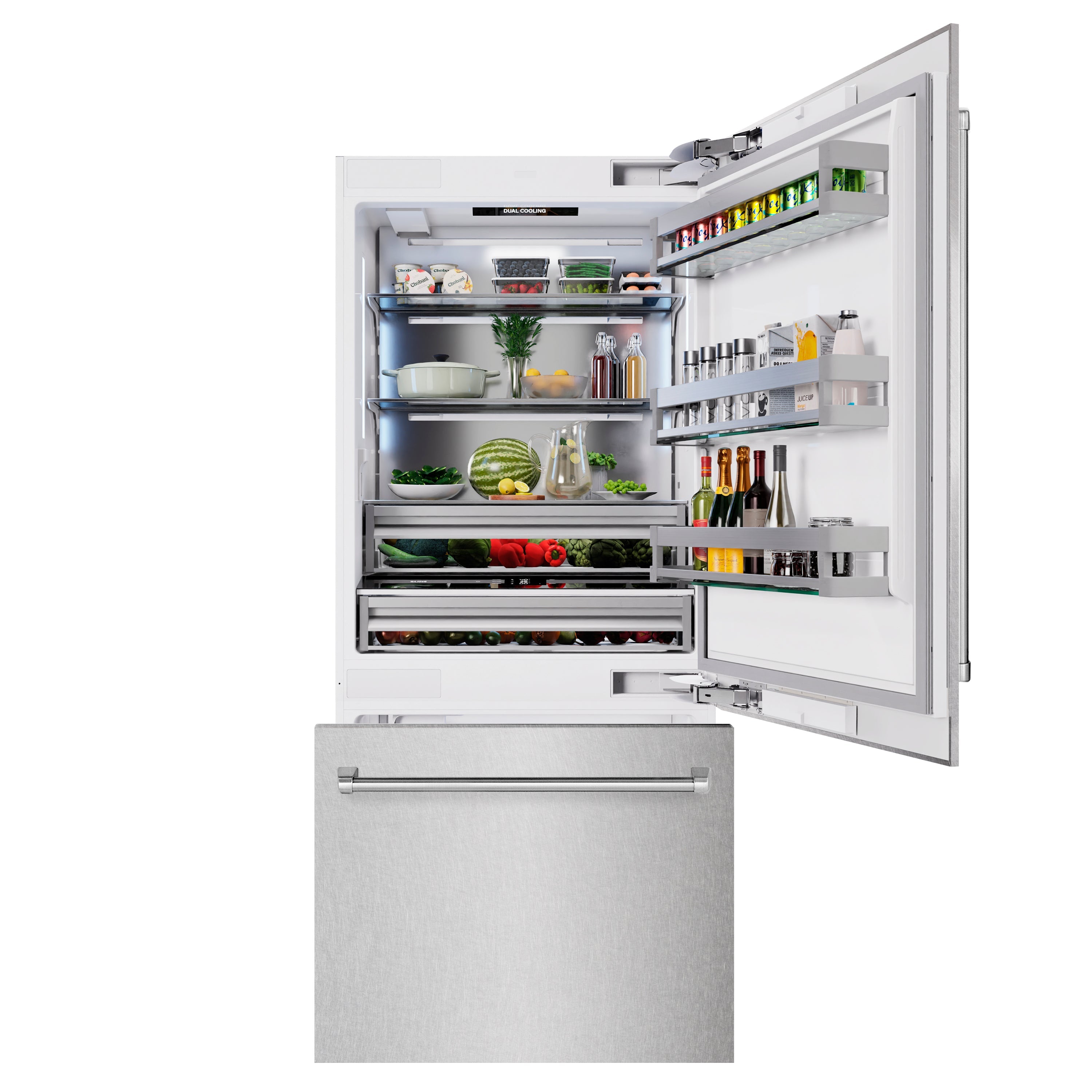ZLINE 36 in. 19.8 cu. ft. Built-In Bottom Freezer Refrigerator with Water Dispenser and Ice Maker in DuraSnow® Stainless Steel (RBIT-SN-36)