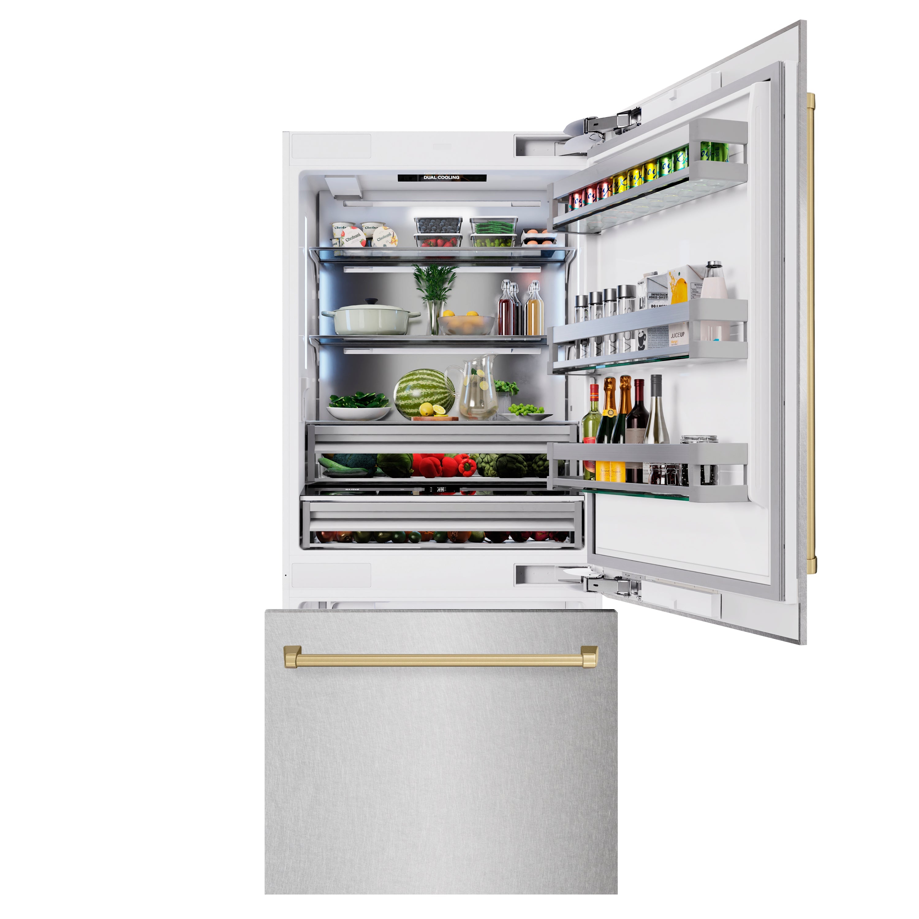 ZLINE Autograph Edition 36 in. 19.8 cu. ft. Built-In Bottom Freezer Refrigerator with Water Dispenser and Ice Maker in DuraSnow® Stainless Steel and Champagne Bronze Accents (RBITZ-SN-36-CB)