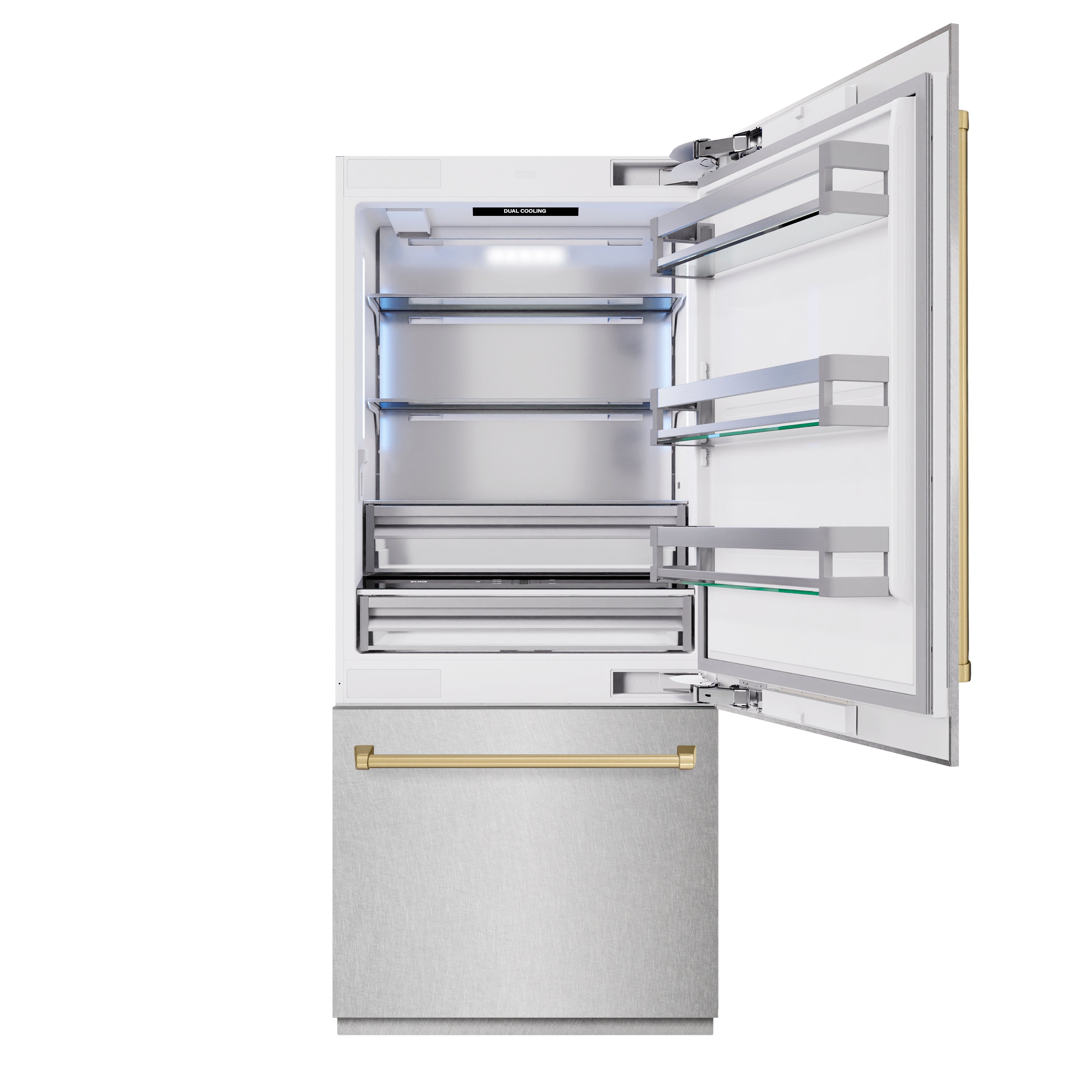 ZLINE Autograph Edition 36 in. 19.8 cu. ft. Built-In Bottom Freezer Refrigerator with Water Dispenser and Ice Maker in DuraSnow® Stainless Steel and Champagne Bronze Accents (RBITZ-SN-36-CB)