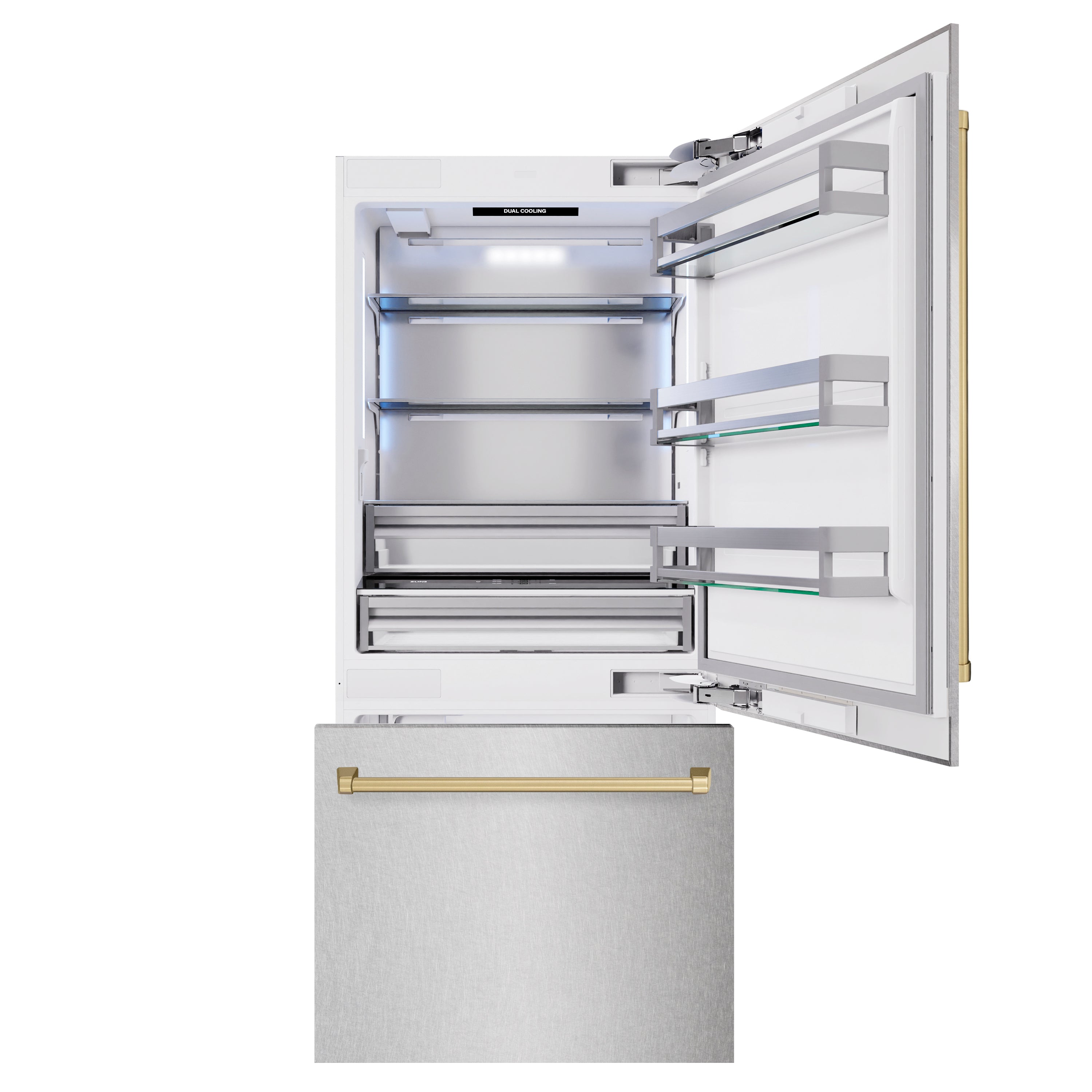 ZLINE Autograph Edition 36 in. 19.8 cu. ft. Built-In Bottom Freezer Refrigerator with Water Dispenser and Ice Maker in DuraSnow® Stainless Steel and Champagne Bronze Accents (RBITZ-SN-36-CB)