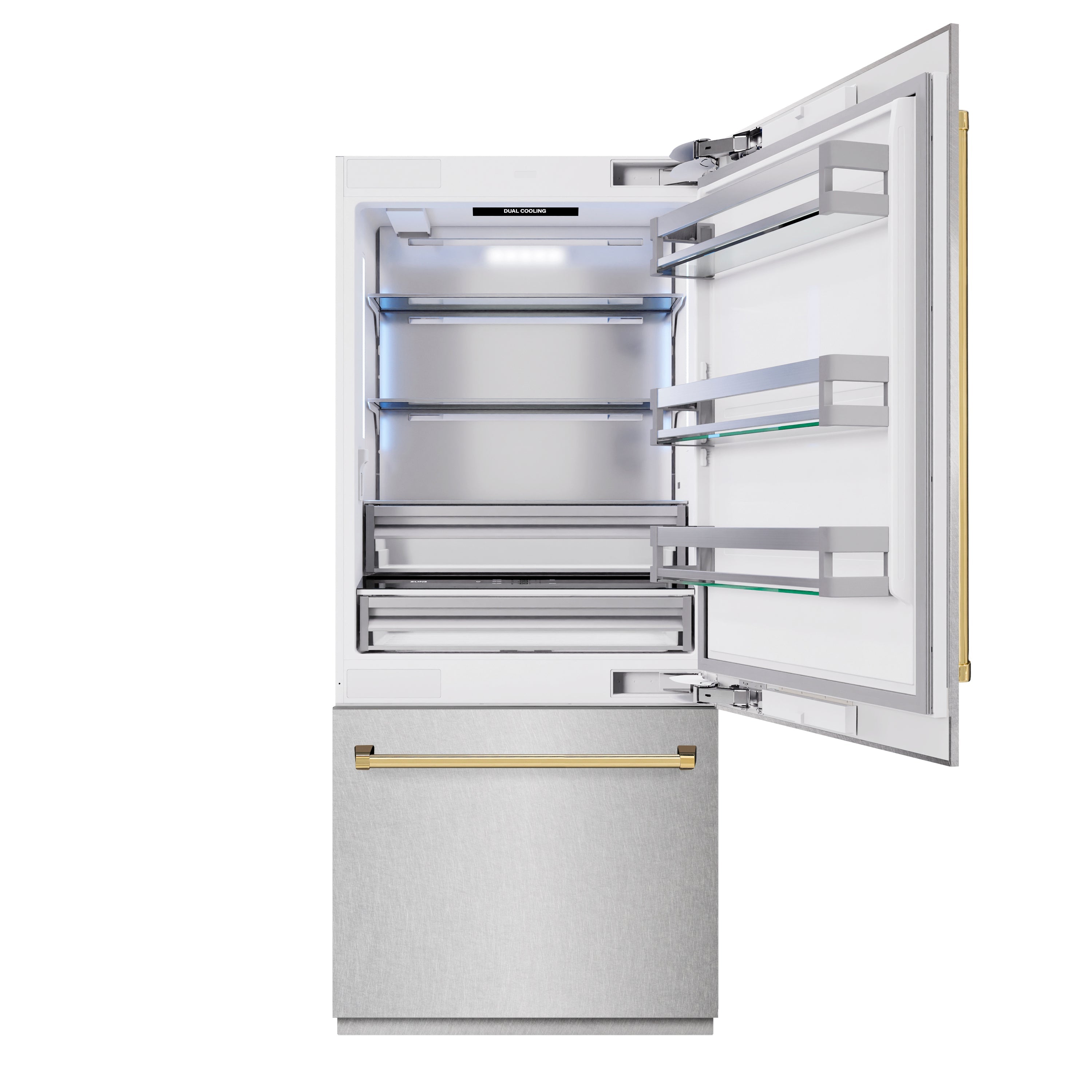 ZLINE Autograph Edition 36 in. 19.8 cu. ft. Built-In Bottom Freezer Refrigerator with Water Dispenser and Ice Maker in DuraSnow® Stainless Steel and Polished Gold Accents (RBITZ-SN-36-G)