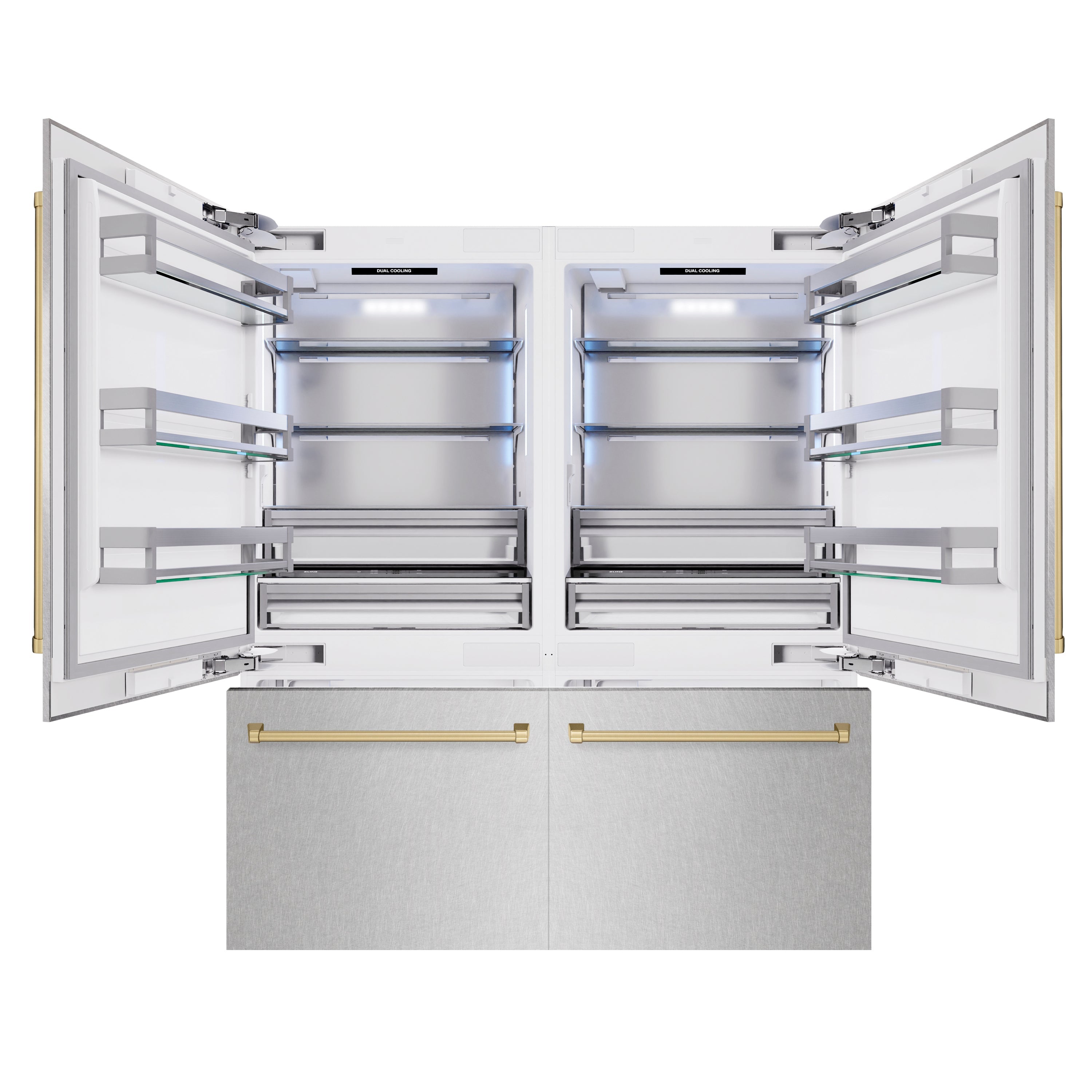 ZLINE Autograph Edition 72 in. 39.6 cu. ft. French Door Built-In Bottom Freezer Refrigerator with Water Dispensers and Ice Makers in DuraSnow® Stainless Steel and Champagne Bronze Accents (RBITZ-SN-72-CB)