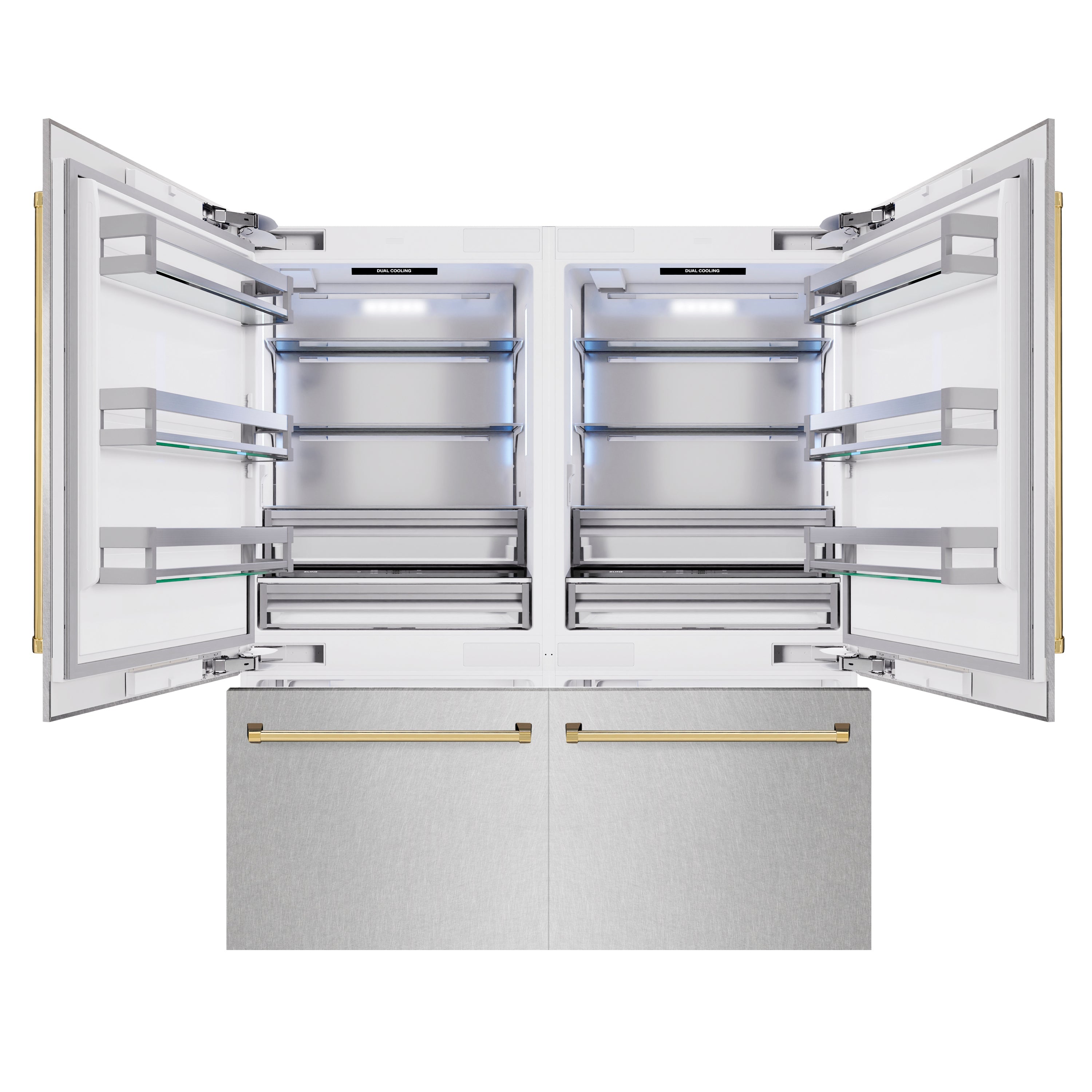 ZLINE Autograph Edition 72 in. 39.6 cu. ft. French Door Built-In Bottom Freezer Refrigerator with Water Dispensers and Ice Makers in DuraSnow® Stainless Steel and Polished Gold Accents (RBITZ-SN-72-G)