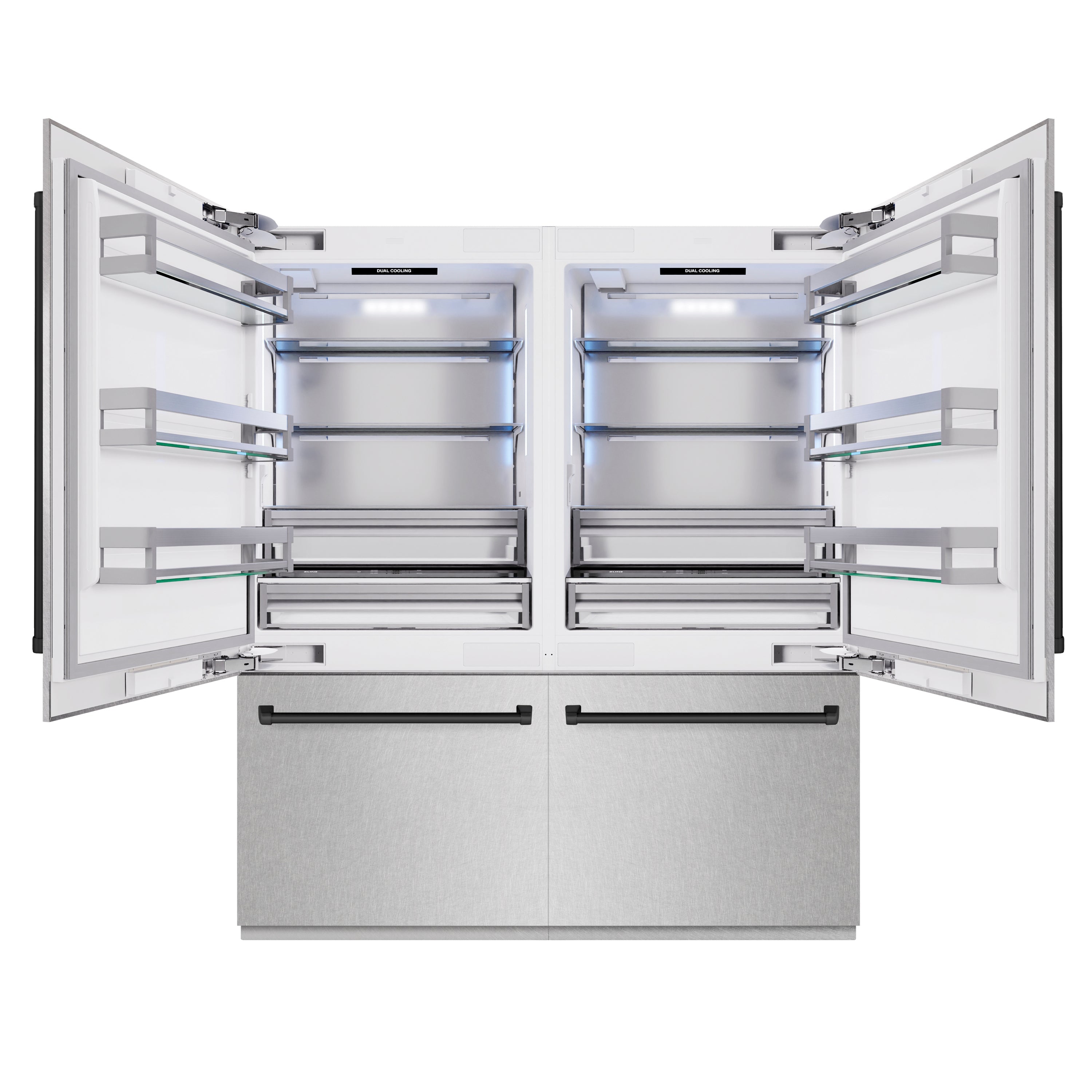 ZLINE Autograph Edition 72 in. 39.6 cu. ft. French Door Built-In Bottom Freezer Refrigerator with Water Dispensers and Ice Makers in DuraSnow® Stainless Steel and Matte Black Accents (RBITZ-SN-72-MB)