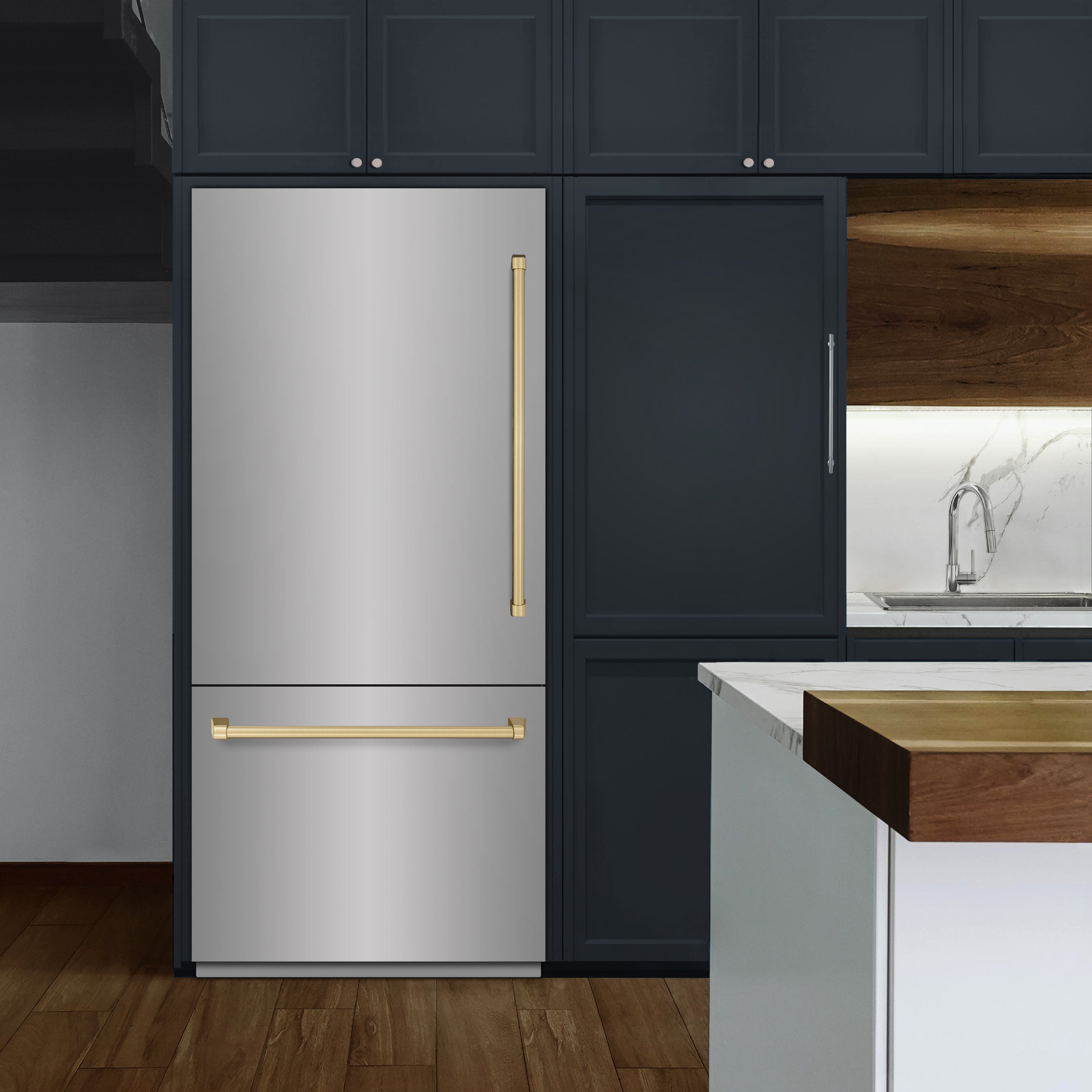 ZLINE Autograph Edition 36 in. 19.8 cu. ft. Built-In Bottom Freezer Refrigerator with Water Dispenser and Ice Maker in Stainless Steel with Graphite Gray Interior and Champagne Bronze Accents (GRBITZ-304-36CB)
