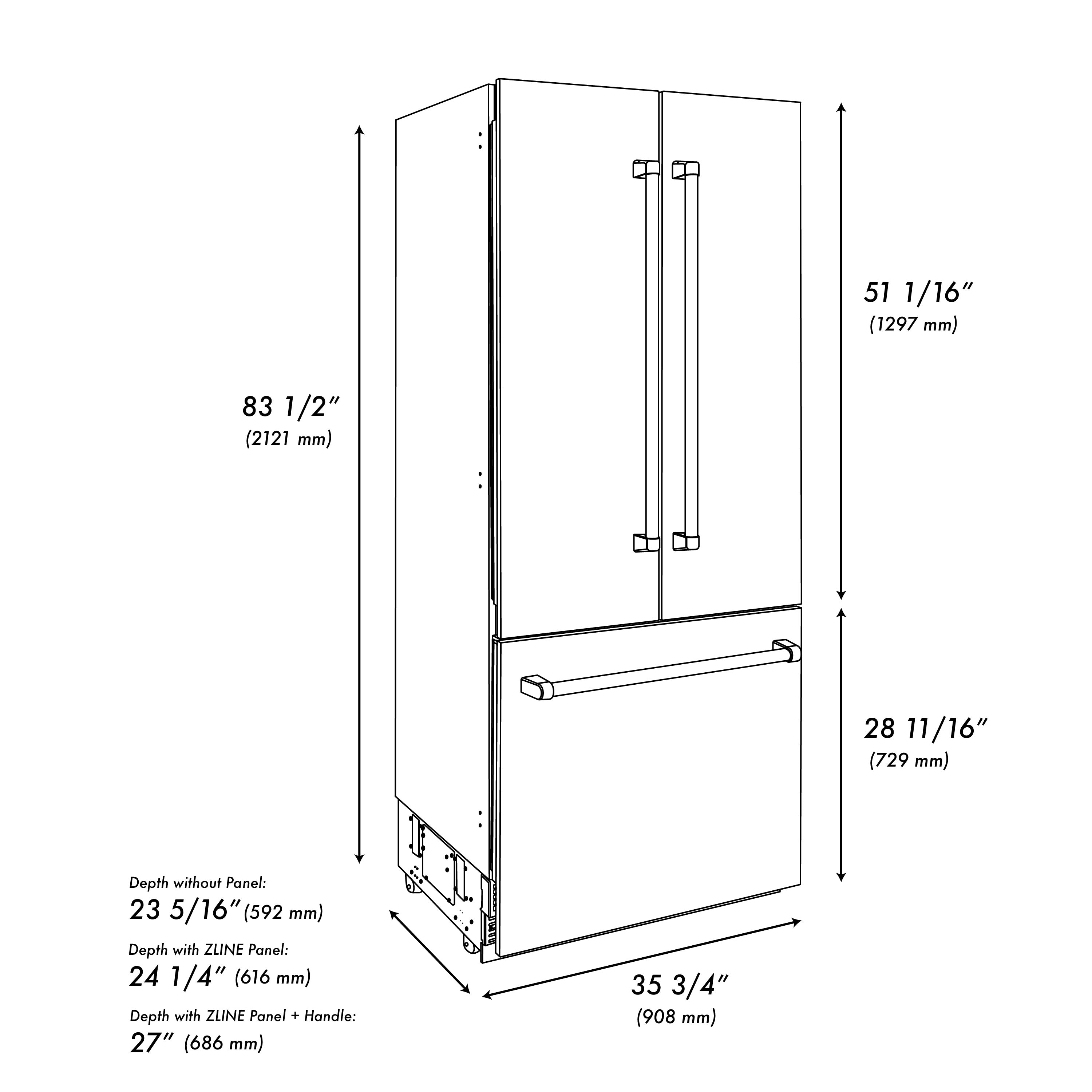 ZLINE 36 in. 19.6 cu. ft. French Door Built-In Bottom Freezer Refrigerator with Water Dispenser and Ice Maker in Stainless Steel with Graphite Gray Interior (GRBIV-304-36)