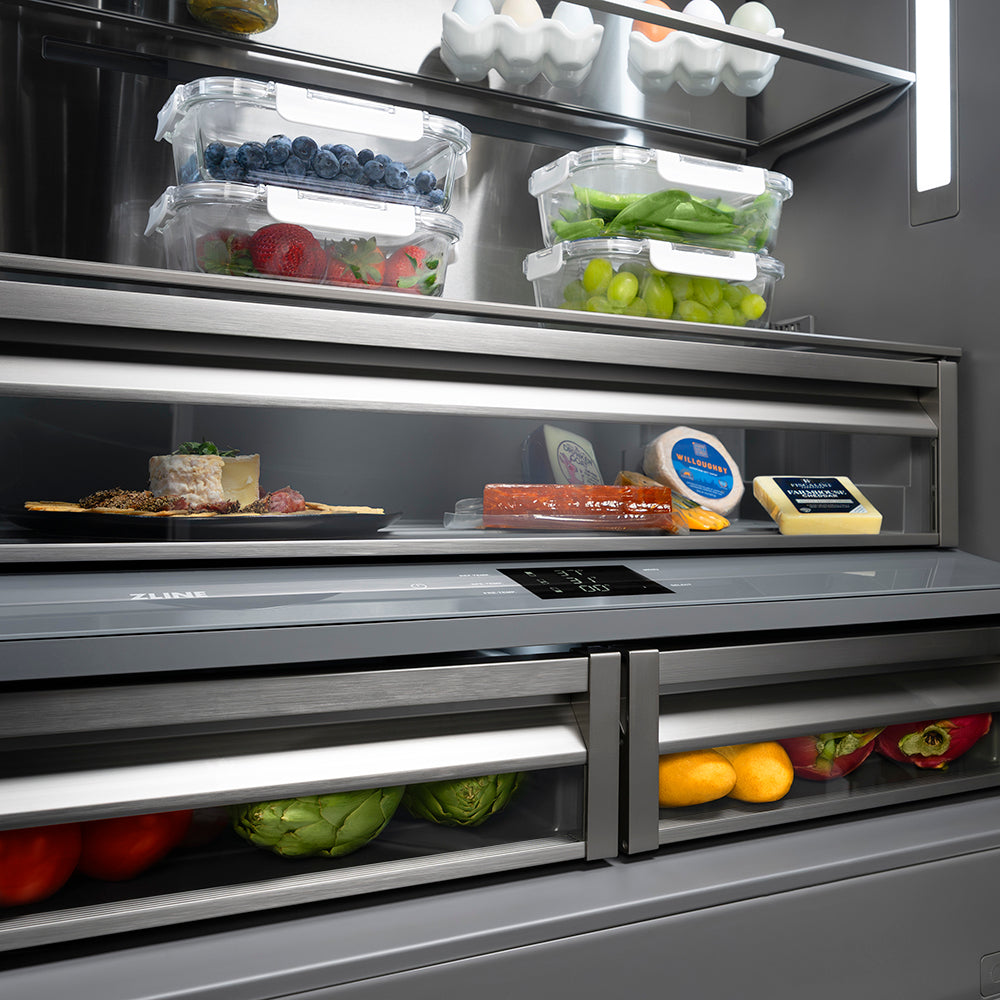 ZLINE Autograph Edition 36 in. 19.6 cu. ft. French Door Built-In Bottom Freezer Refrigerator with Water Dispenser and Ice Maker in Stainless Steel with Graphite Gray Interior and Polished Nickel Helix Handles (GRBIVZ-30436KPN)