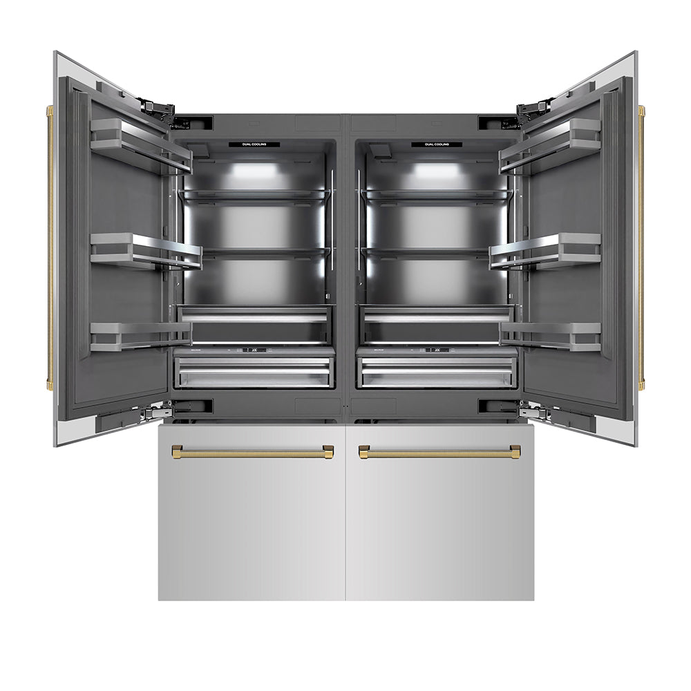 ZLINE Autograph Edition 60 in. 32.2 cu. ft. French Door Built-In Bottom Freezer Refrigerator with Water Dispenser and Ice Maker in Stainless Steel with Graphite Gray Interior and Polished Gold Helix Handles (GRBIVZ-30460KG)