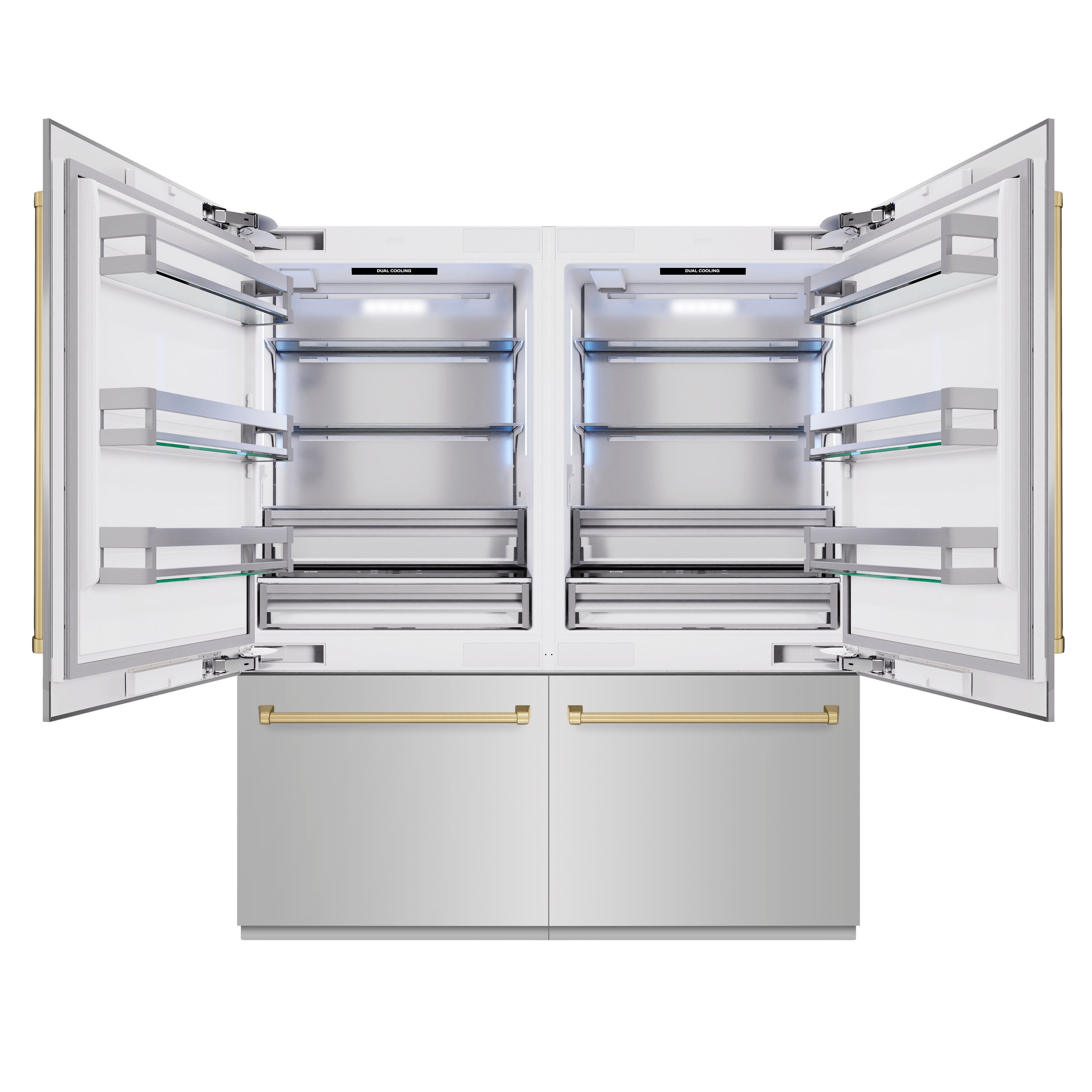 ZLINE Autograph Edition 72 in. 39.6 cu. ft. French Door Built-In Bottom Freezer Refrigerator with Water Dispensers and Ice Makers in Stainless Steel with Champagne Bronze Accents (RBITZ-304-72CB)