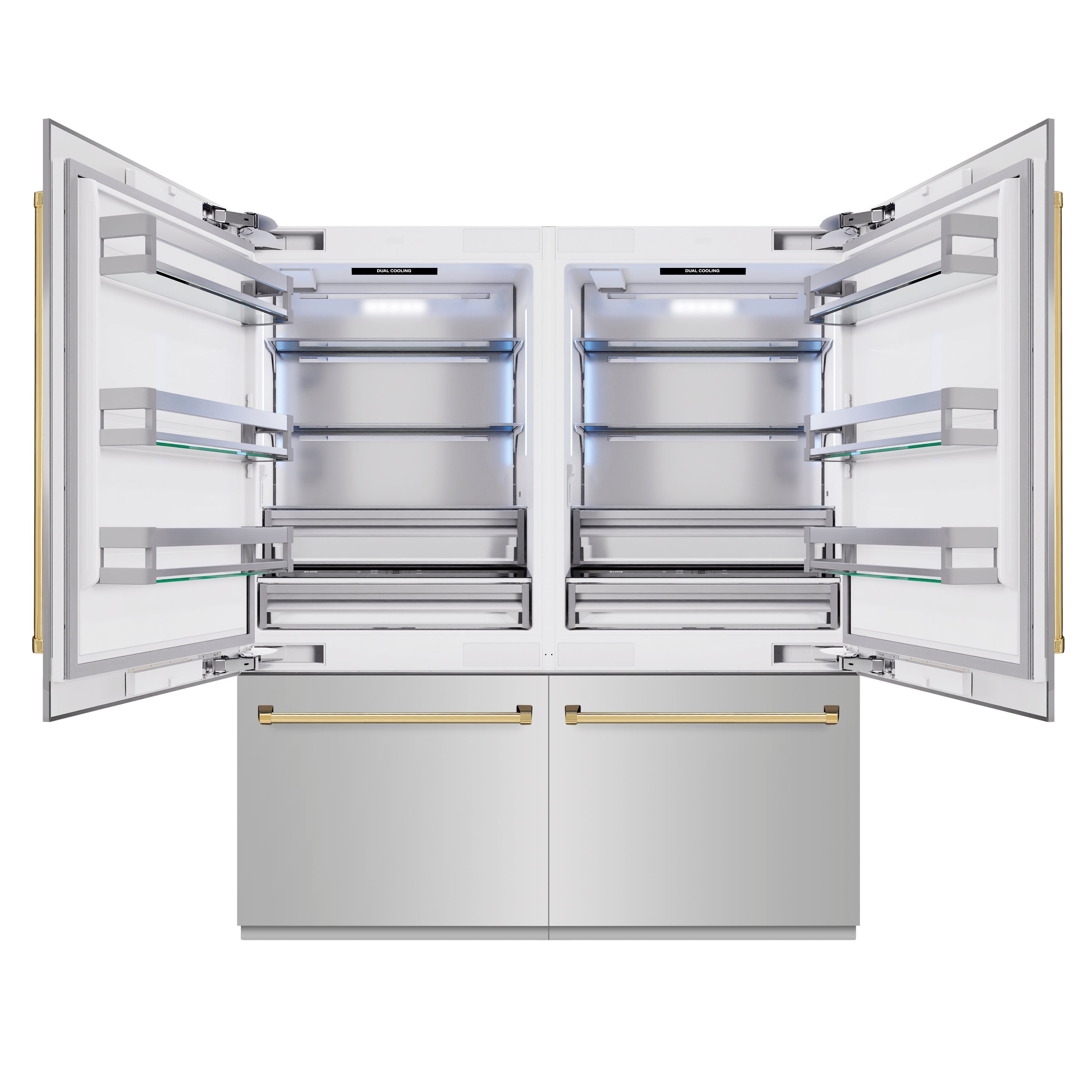 ZLINE Autograph Edition 72 in. 39.6 cu. ft. French Door Built-In Bottom Freezer Refrigerator with Water Dispensers and Ice Makers in Stainless Steel with Polished Gold Accents (RBITZ-304-72G)