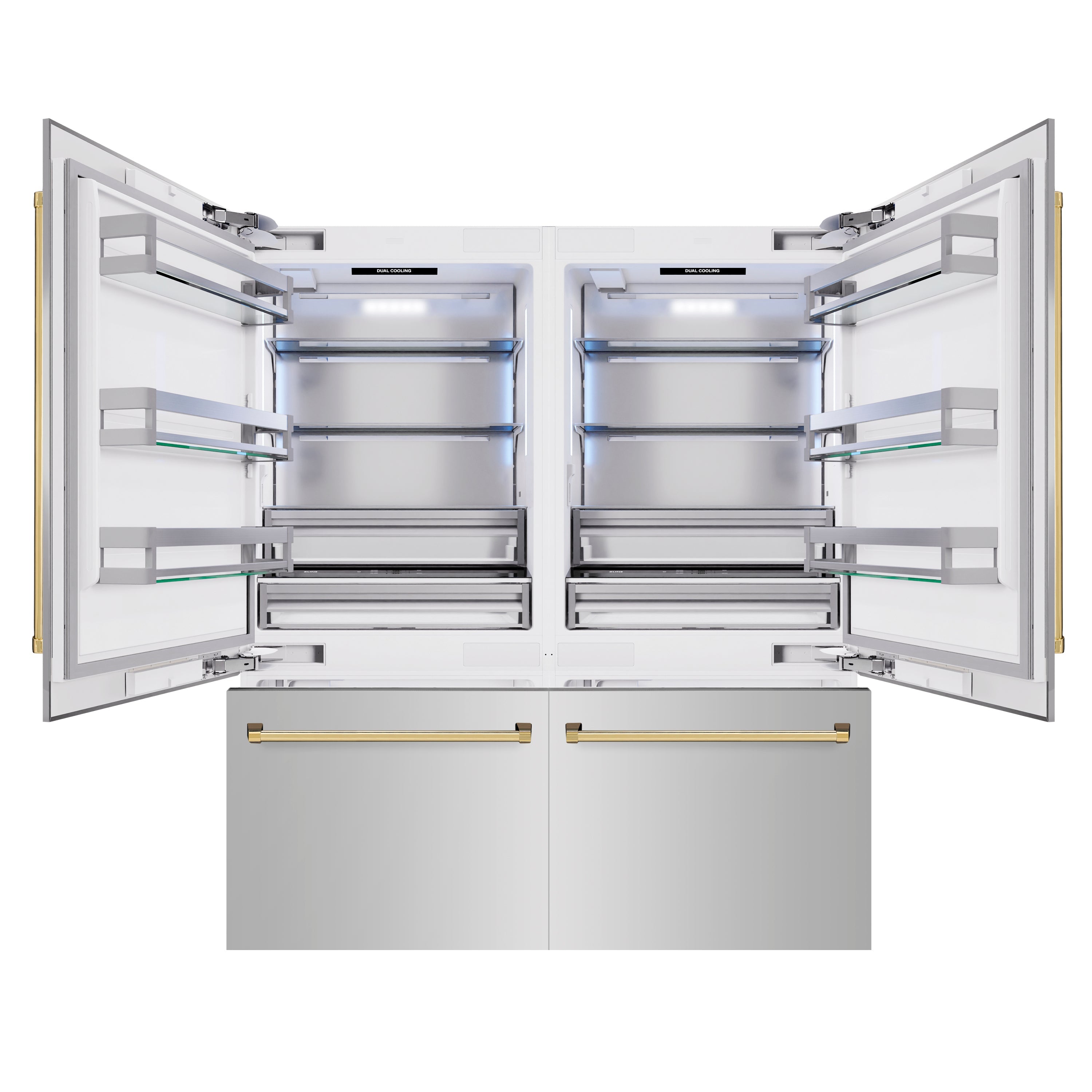 ZLINE Autograph Edition 72 in. 39.6 cu. ft. French Door Built-In Bottom Freezer Refrigerator with Water Dispensers and Ice Makers in Stainless Steel with Polished Gold Accents (RBITZ-304-72G)