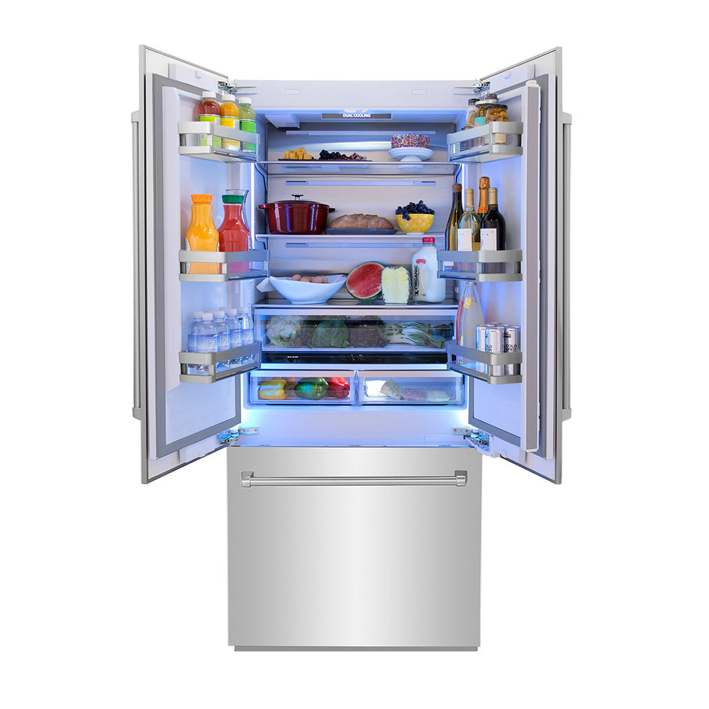 ZLINE 36 in. 19.6 cu. ft. French Door Built-In Bottom Freezer Refrigerator with Water Dispenser and Ice Maker in Stainless Steel (RBIV-304-36)