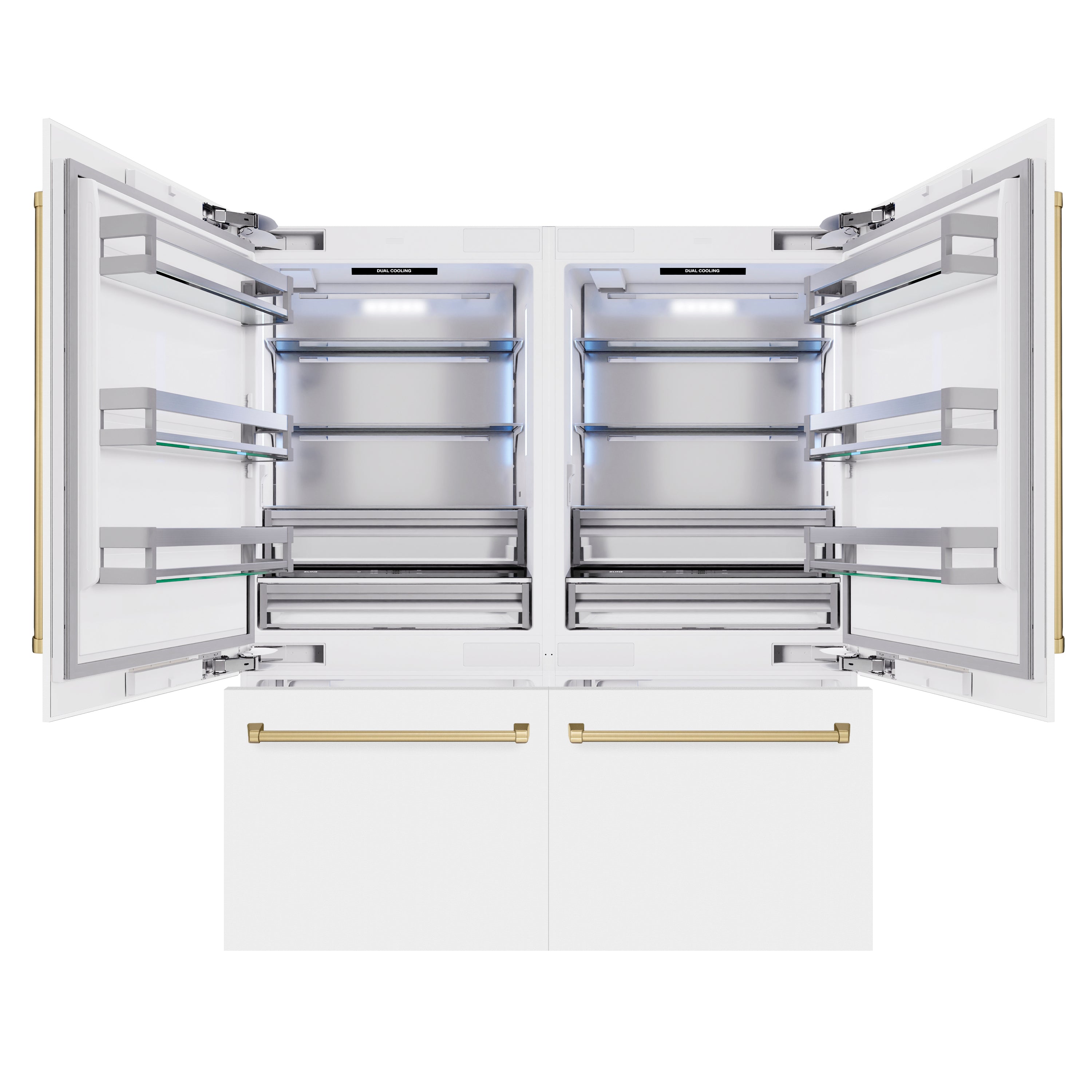 ZLINE Autograph Edition 72 in. 39.6 cu. ft. French Door Built-In Bottom Freezer Refrigerator with Water Dispensers and Ice Makers in White Matte and Champagne Bronze Accents (RBITZ-WM-72-CB)