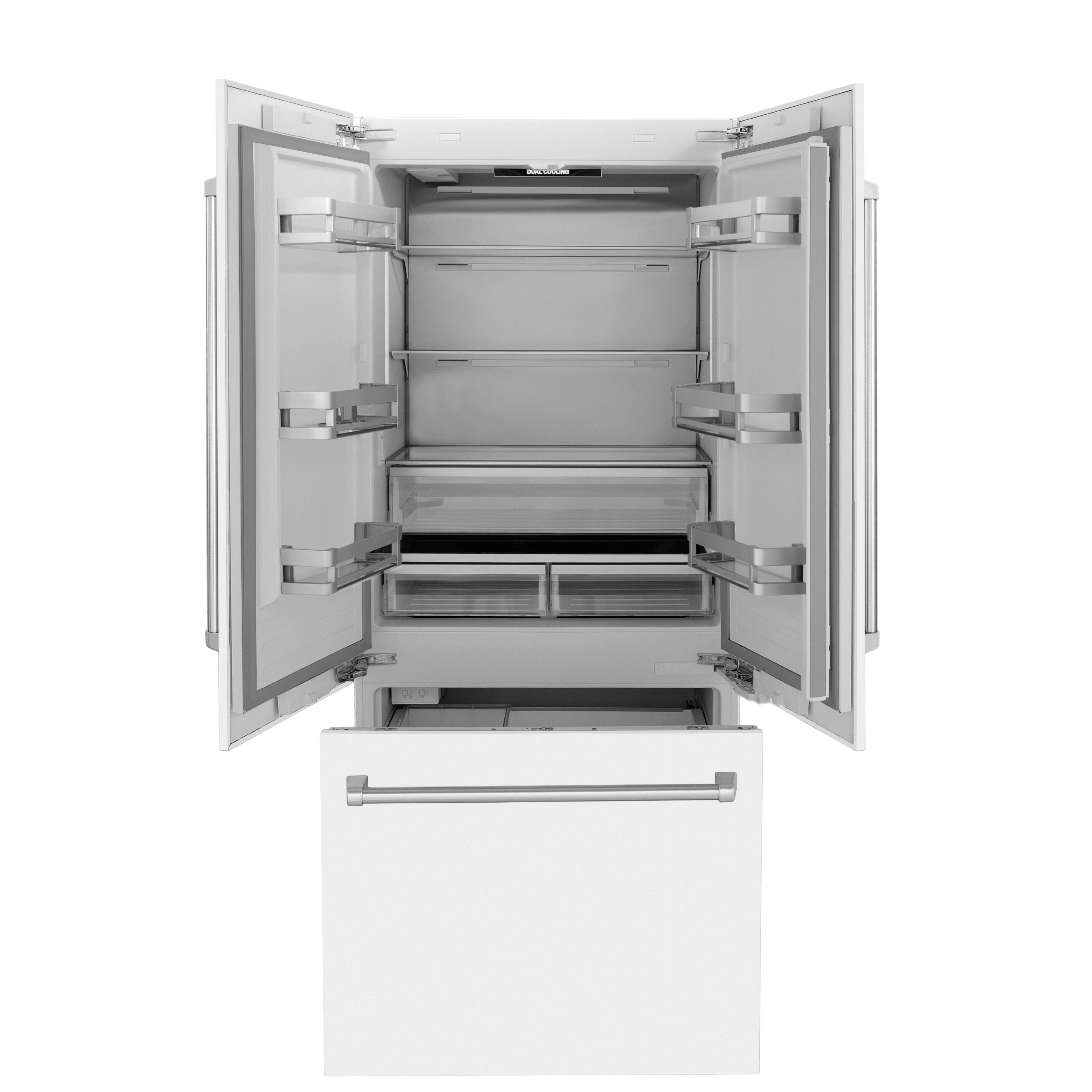 ZLINE 36 in. 19.6 cu. ft. French Door Built-In Bottom Freezer Refrigerator with Water Dispenser and Ice Maker in White Matte (RBIV-WM-36)